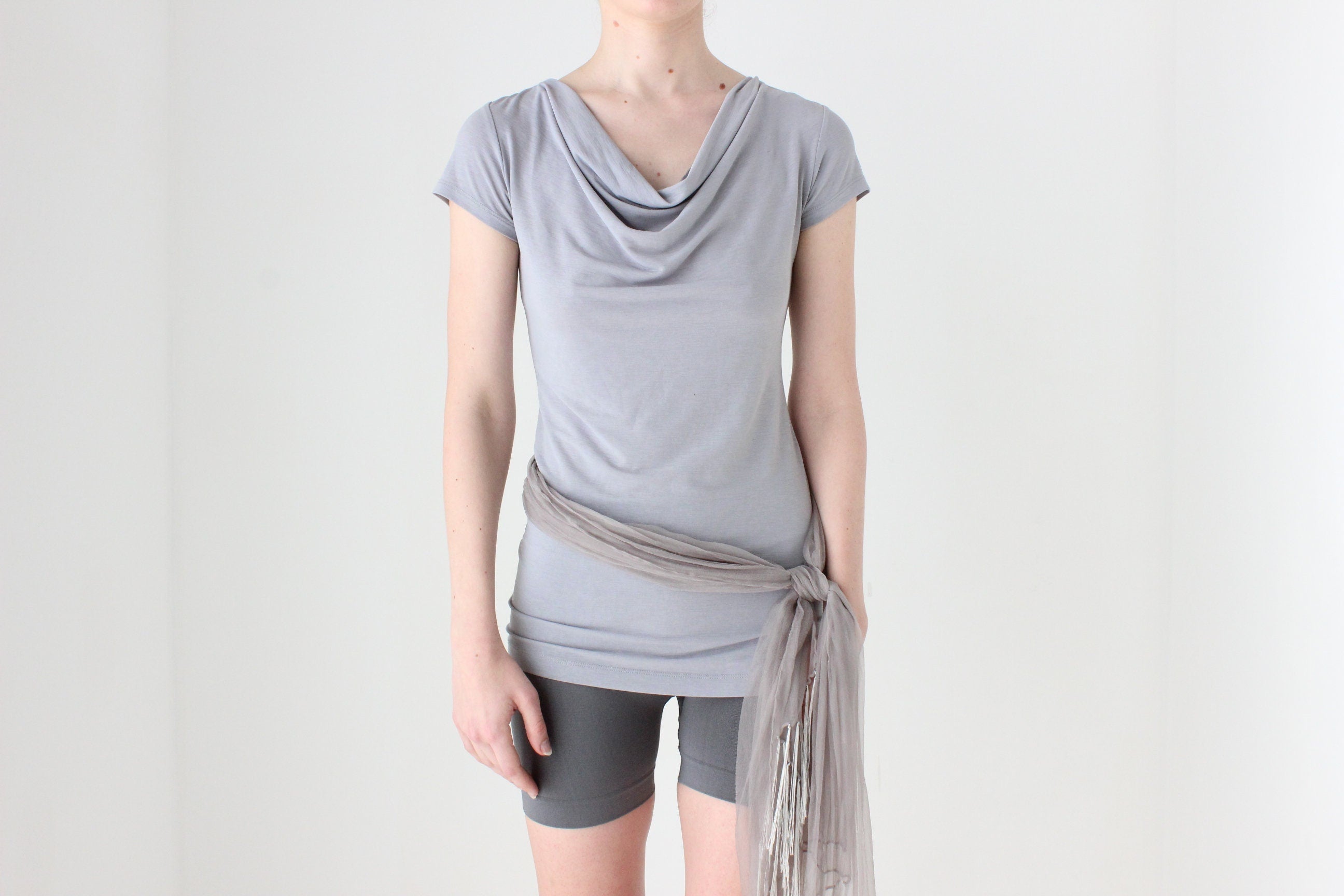 BALLETCORE Y2K Slinky Fitted Cowl Neck Cap Sleeve Top