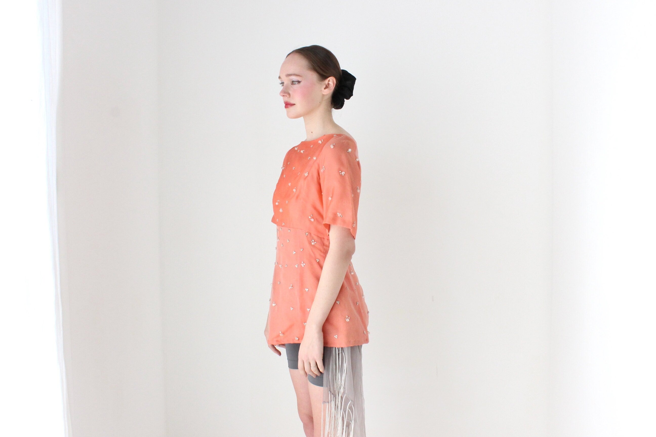 BALLETCORE 1960s British Couture Salmon Silk Organza Top