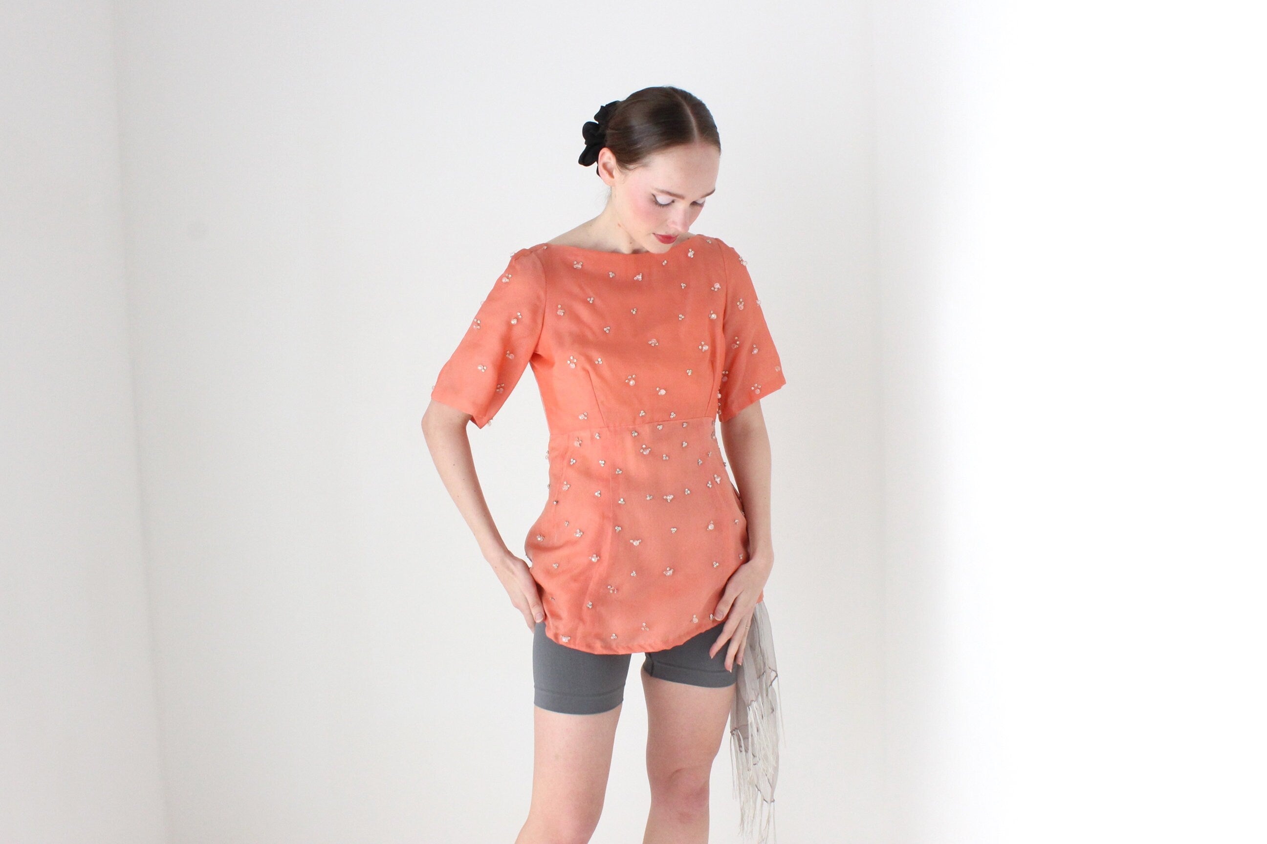 BALLETCORE 1960s British Couture Salmon Silk Organza Top