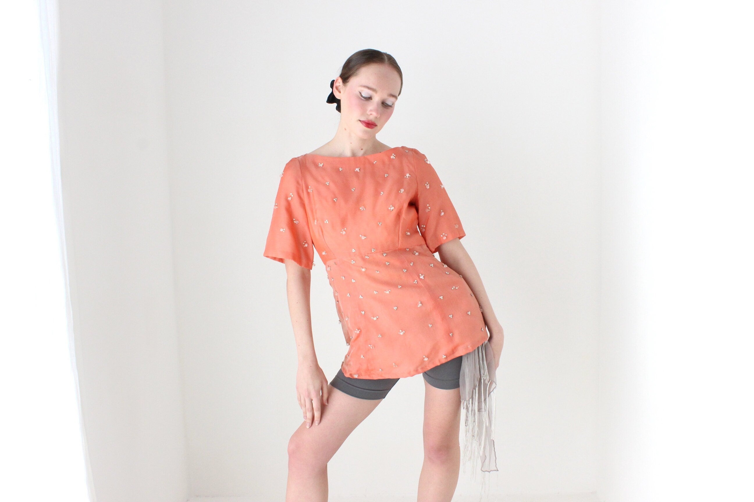 BALLETCORE 1960s British Couture Salmon Silk Organza Top