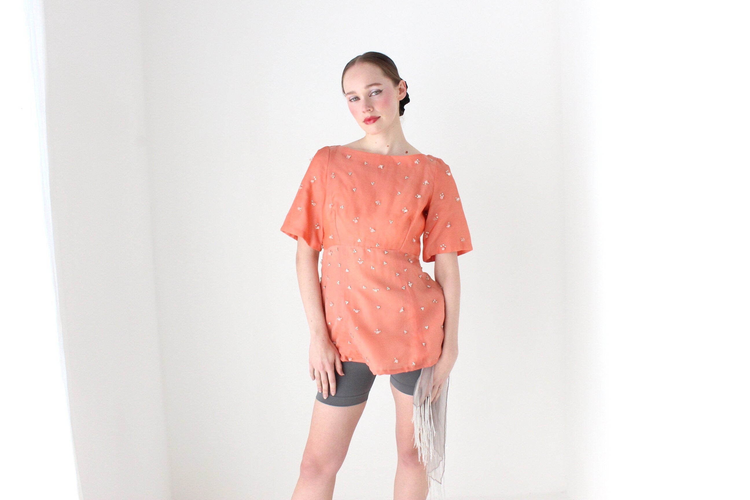 BALLETCORE 1960s British Couture Salmon Silk Organza Top