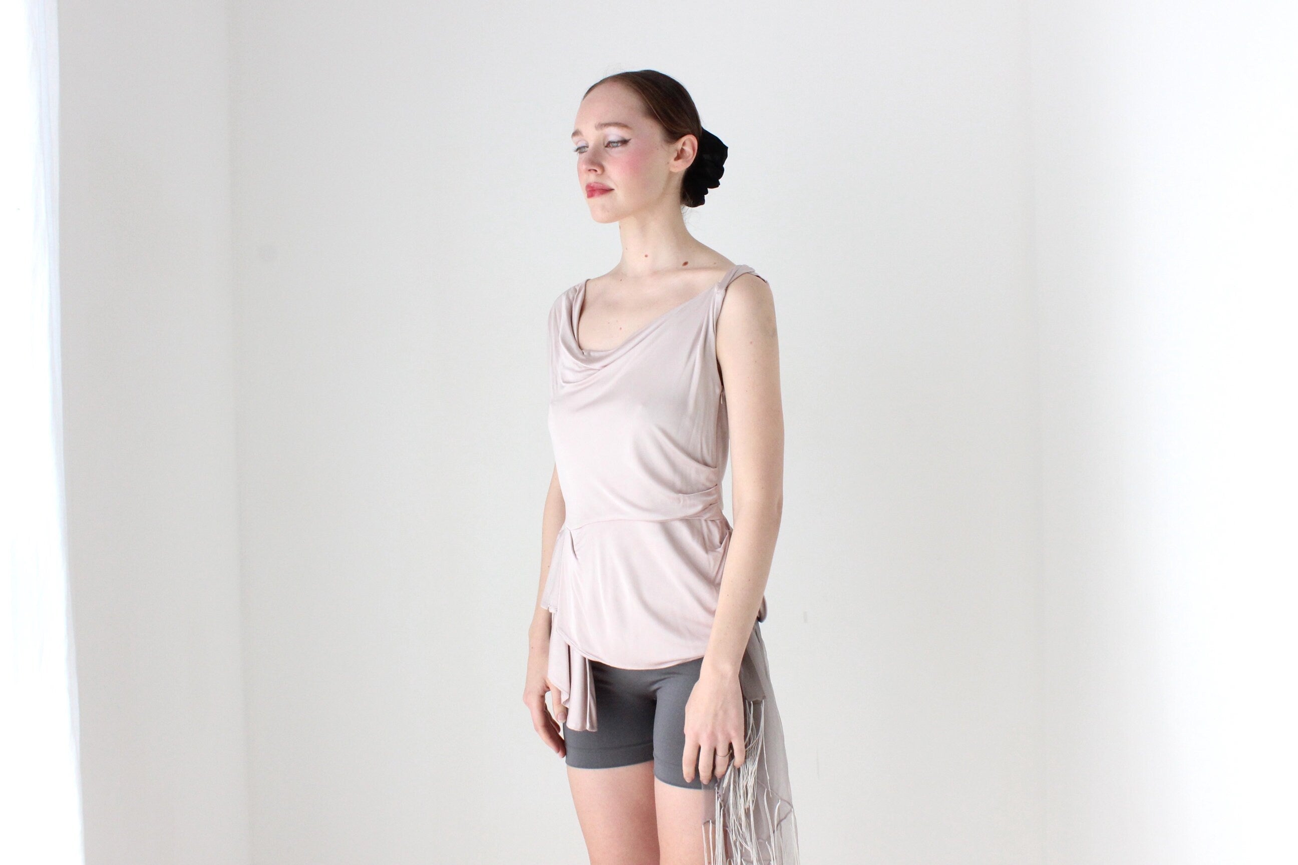 BALLETCORE Y2K Draped Palest Pink Asymmetric Textural Top