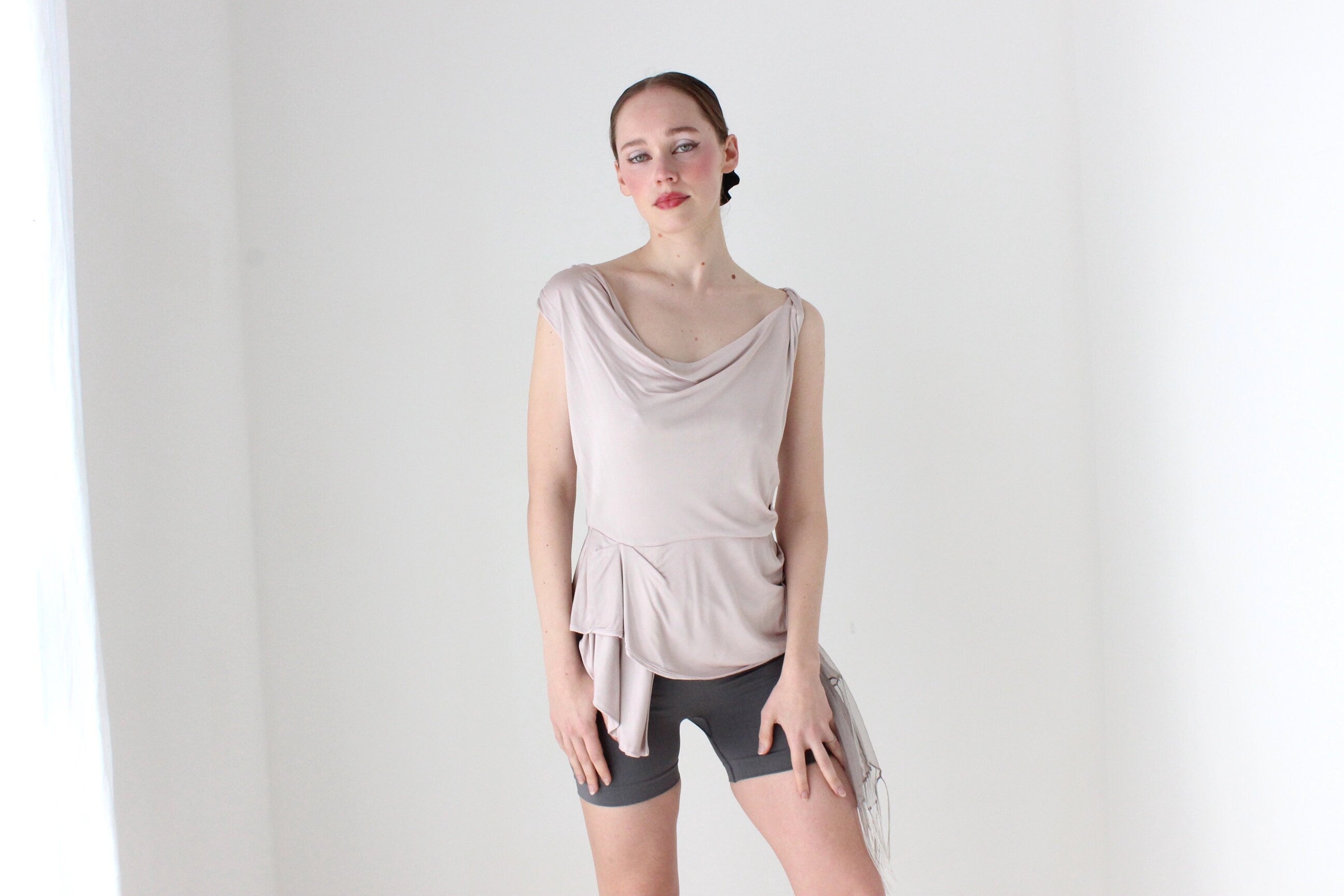 BALLETCORE Y2K Draped Palest Pink Asymmetric Textural Top
