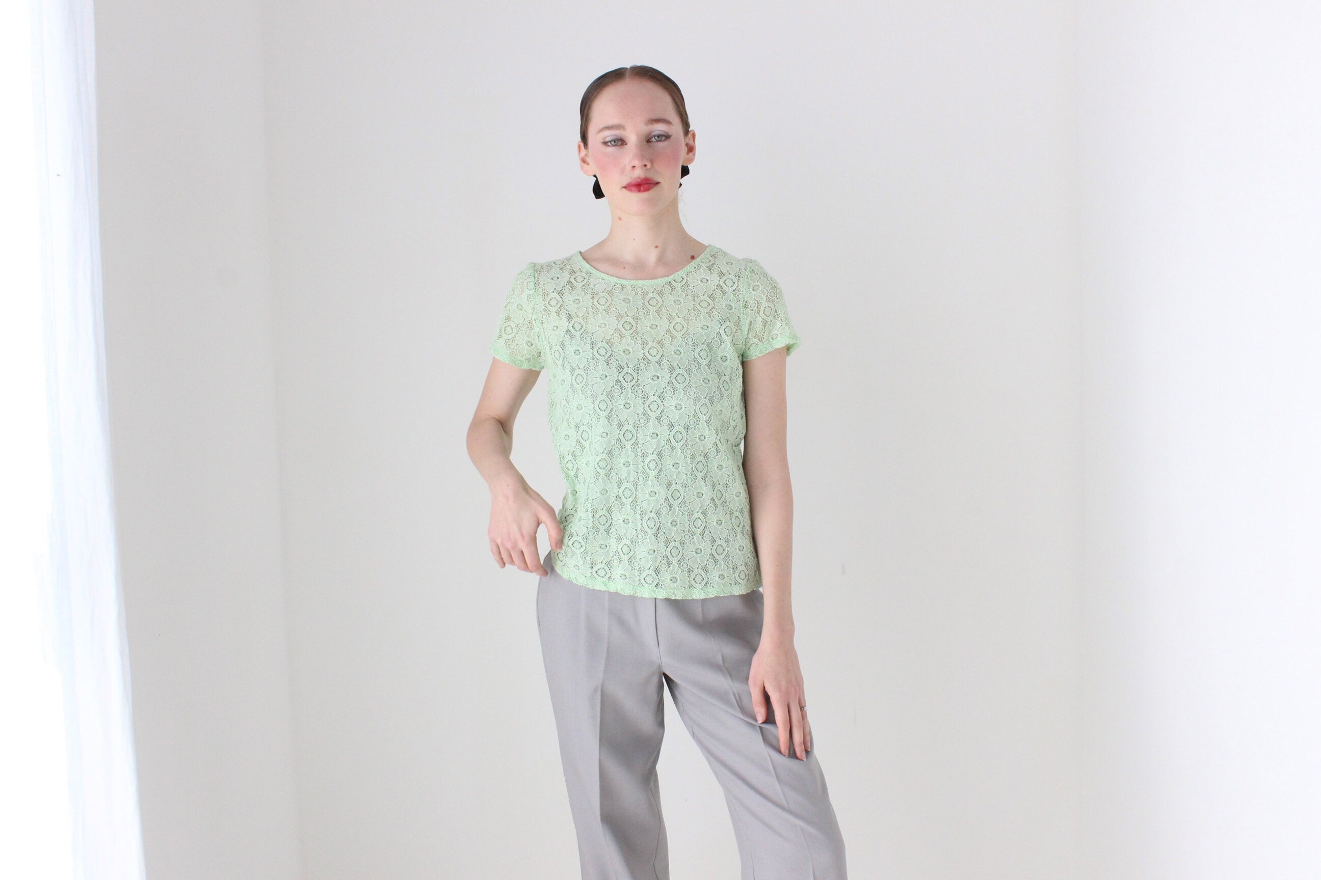 BALLETCORE 90s Mint Green Sheer Lace Tee