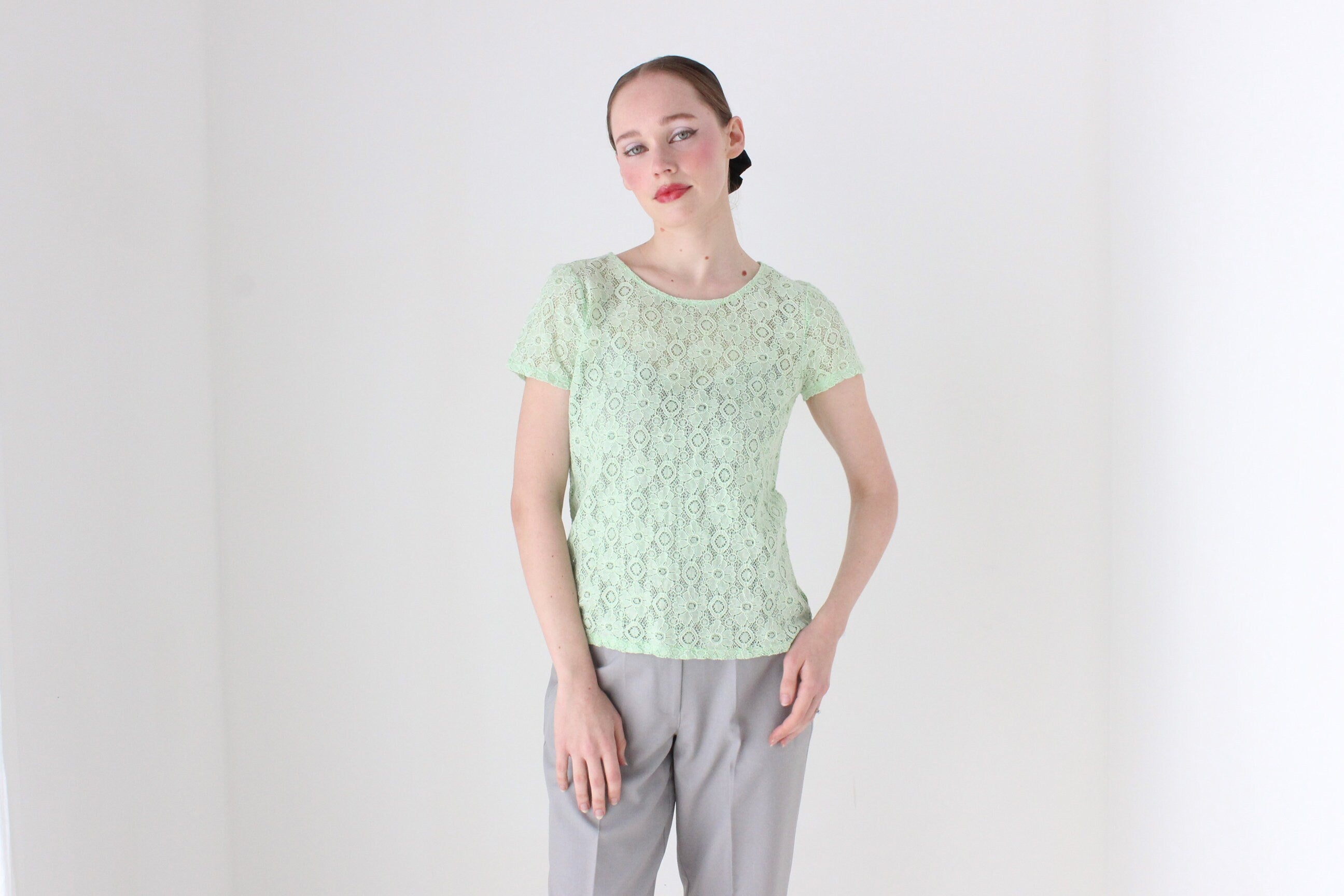 BALLETCORE 90s Mint Green Sheer Lace Tee