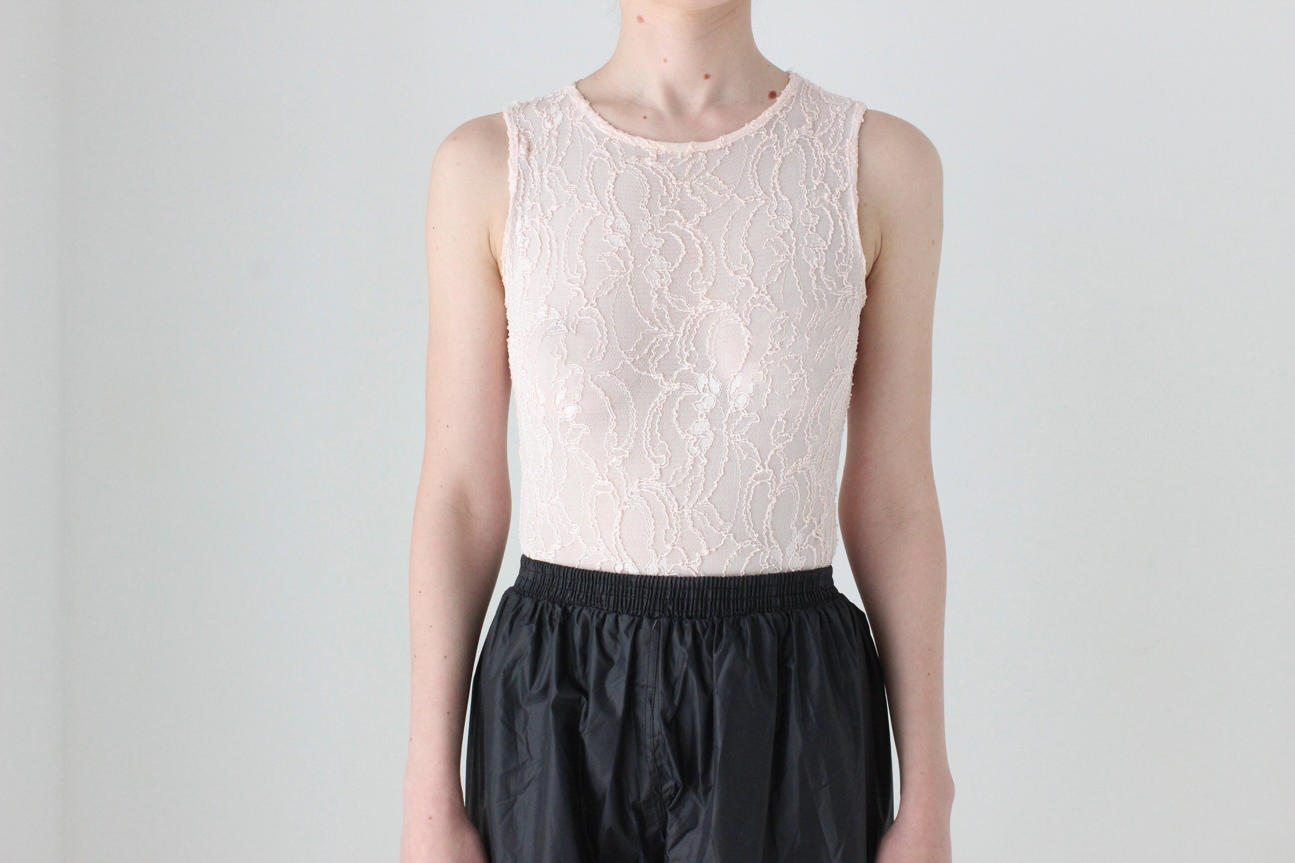 BALLETCORE 80s Palest Pink Sheer Lace Mesh Bodysuit