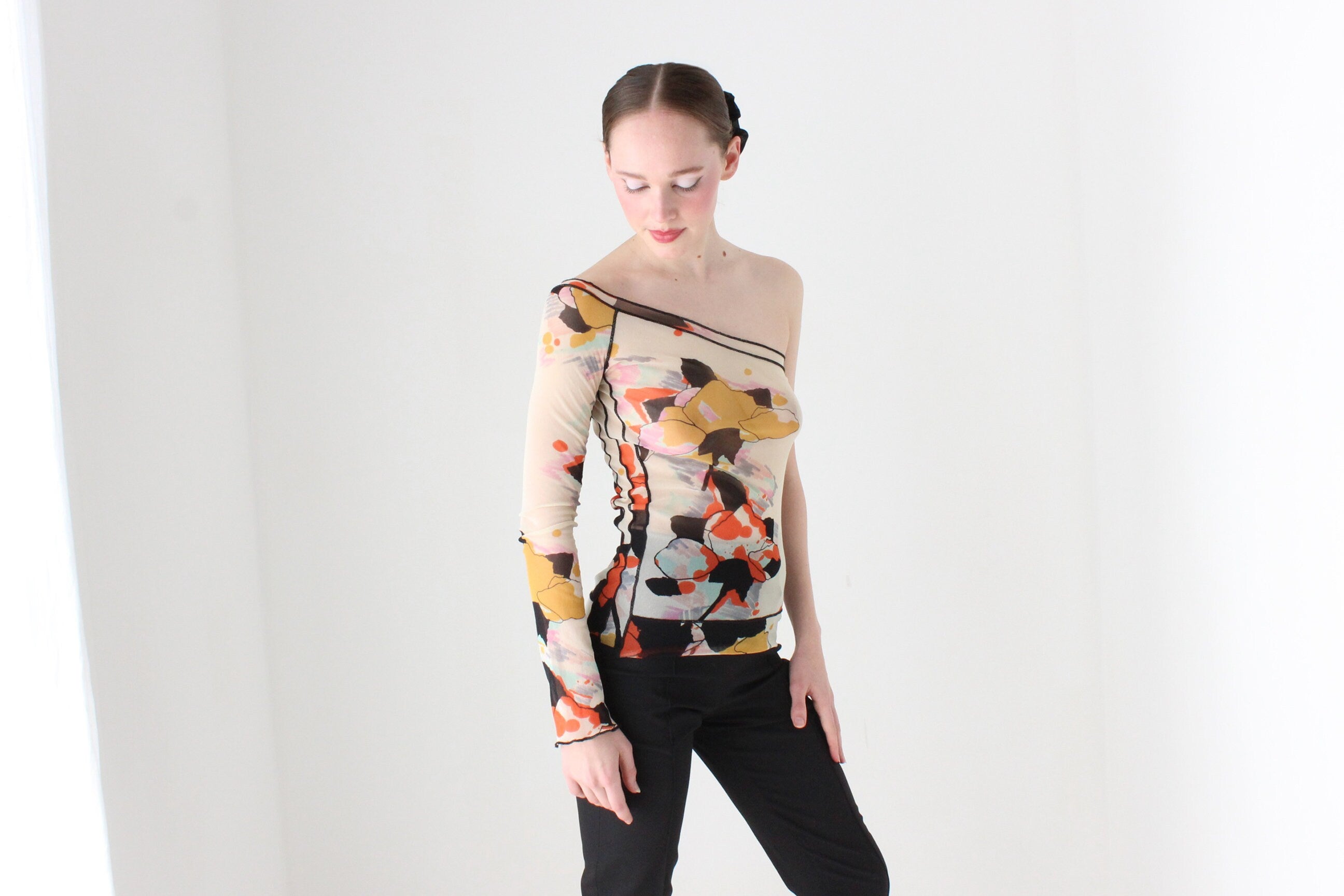 BALLETCORE 2000s Sonia Rykiel Printed Mesh One Sleeve Top