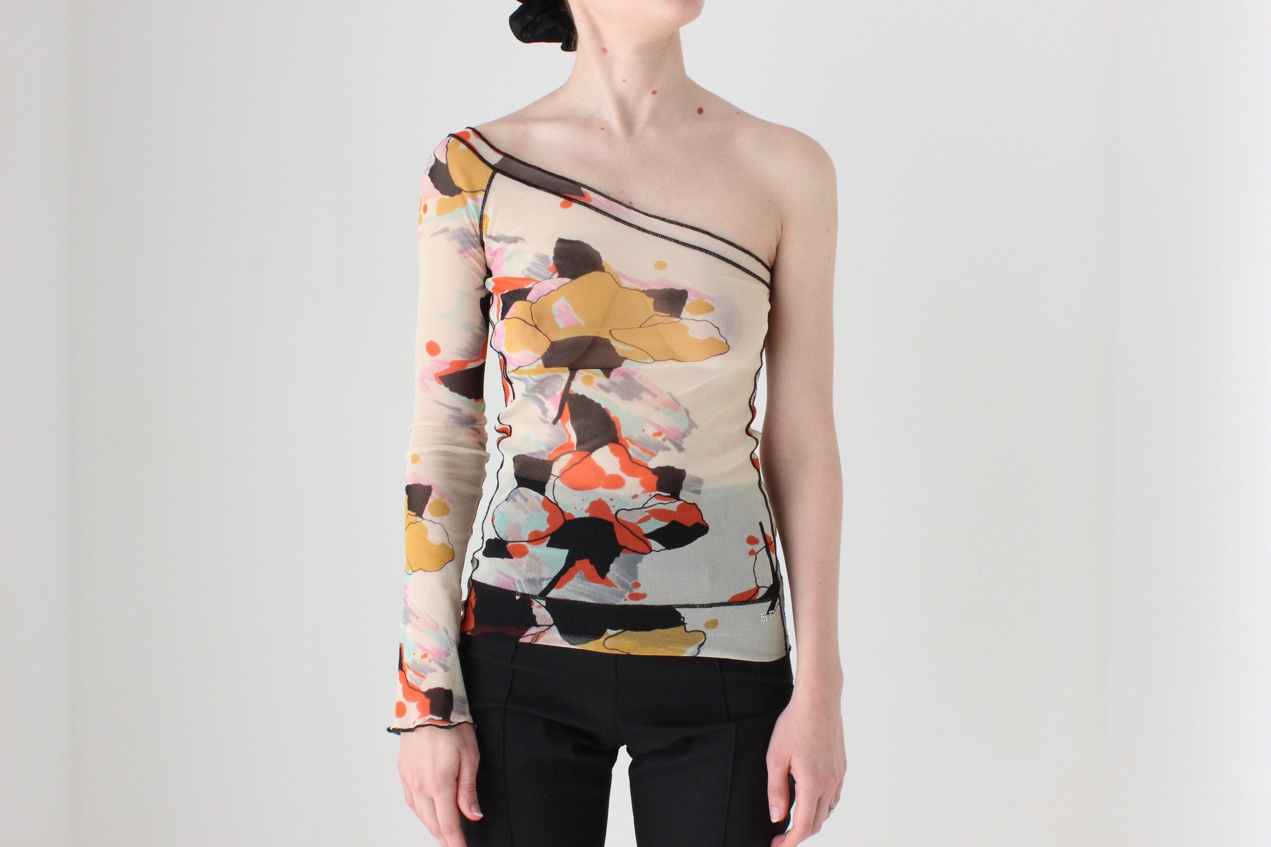 BALLETCORE 2000s Sonia Rykiel Printed Mesh One Sleeve Top