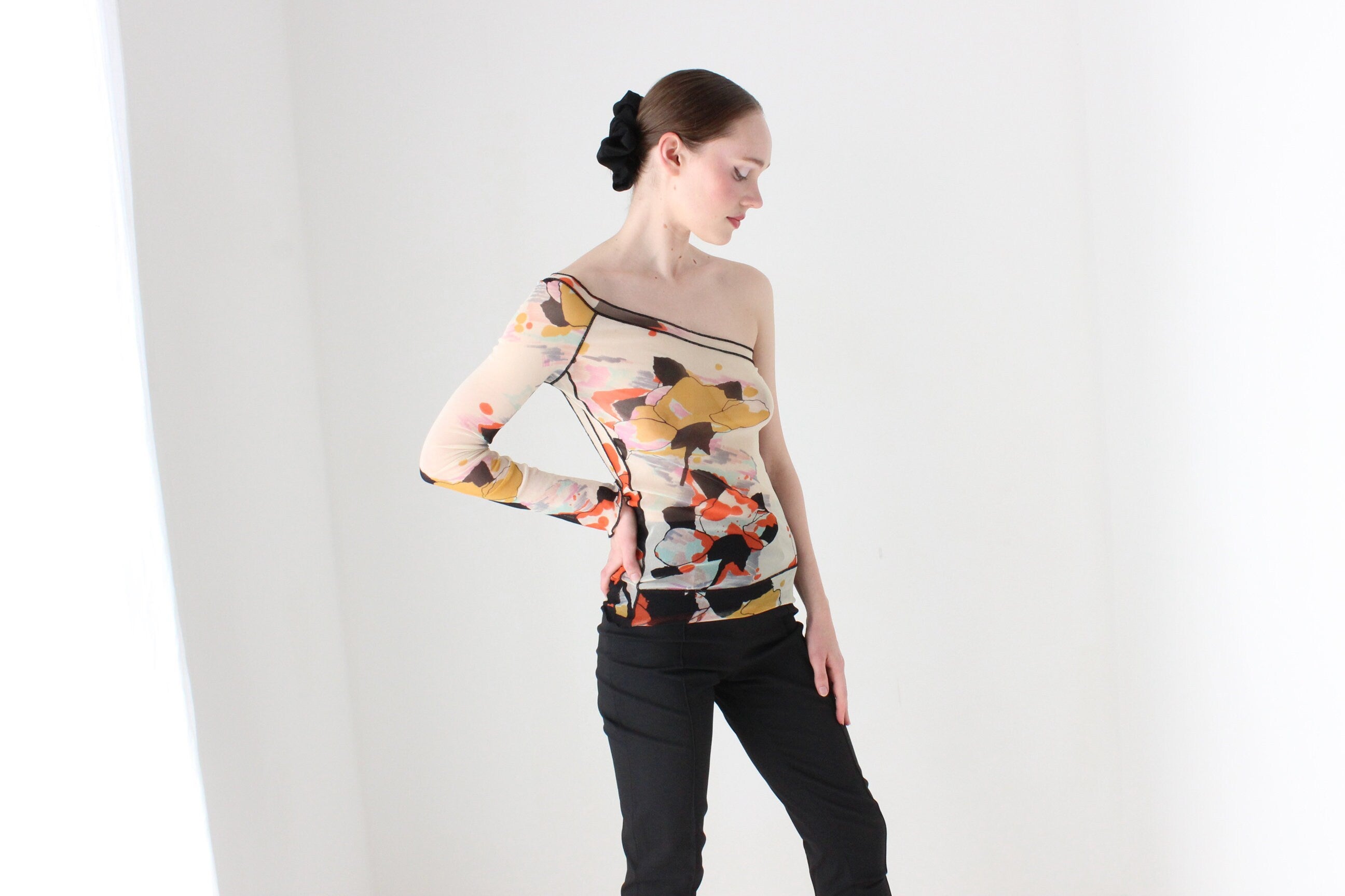 BALLETCORE 2000s Sonia Rykiel Printed Mesh One Sleeve Top