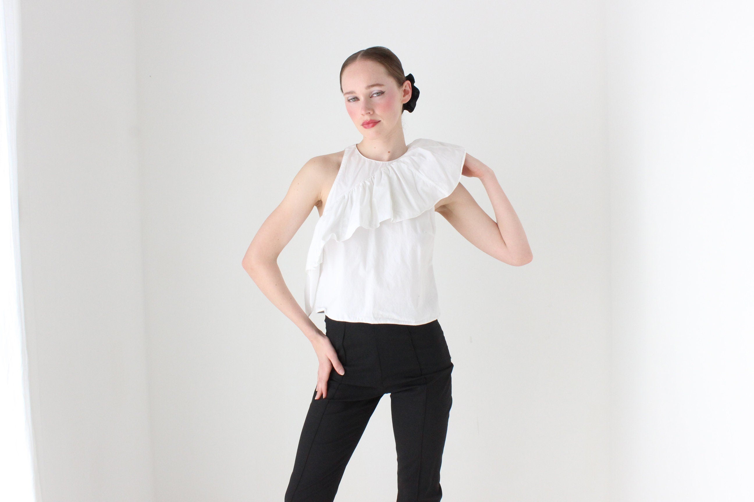BALLETCORE 2000s PRADA Asymmetric Harlequin Collar Cotton Ruffle Top