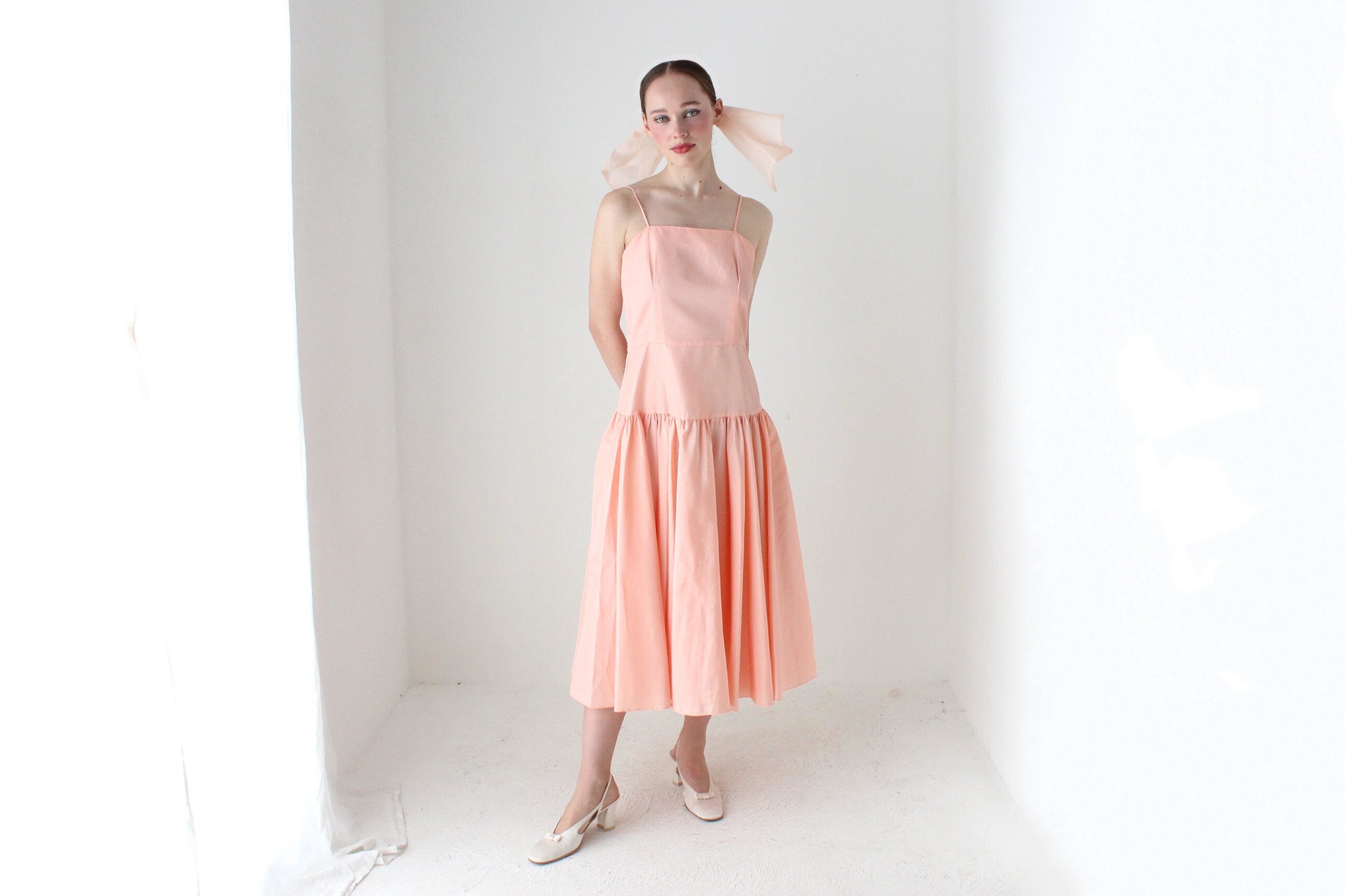 BALLETCORE 80s Ballet Pink Taffeta Drop Waist Cocktail Dress