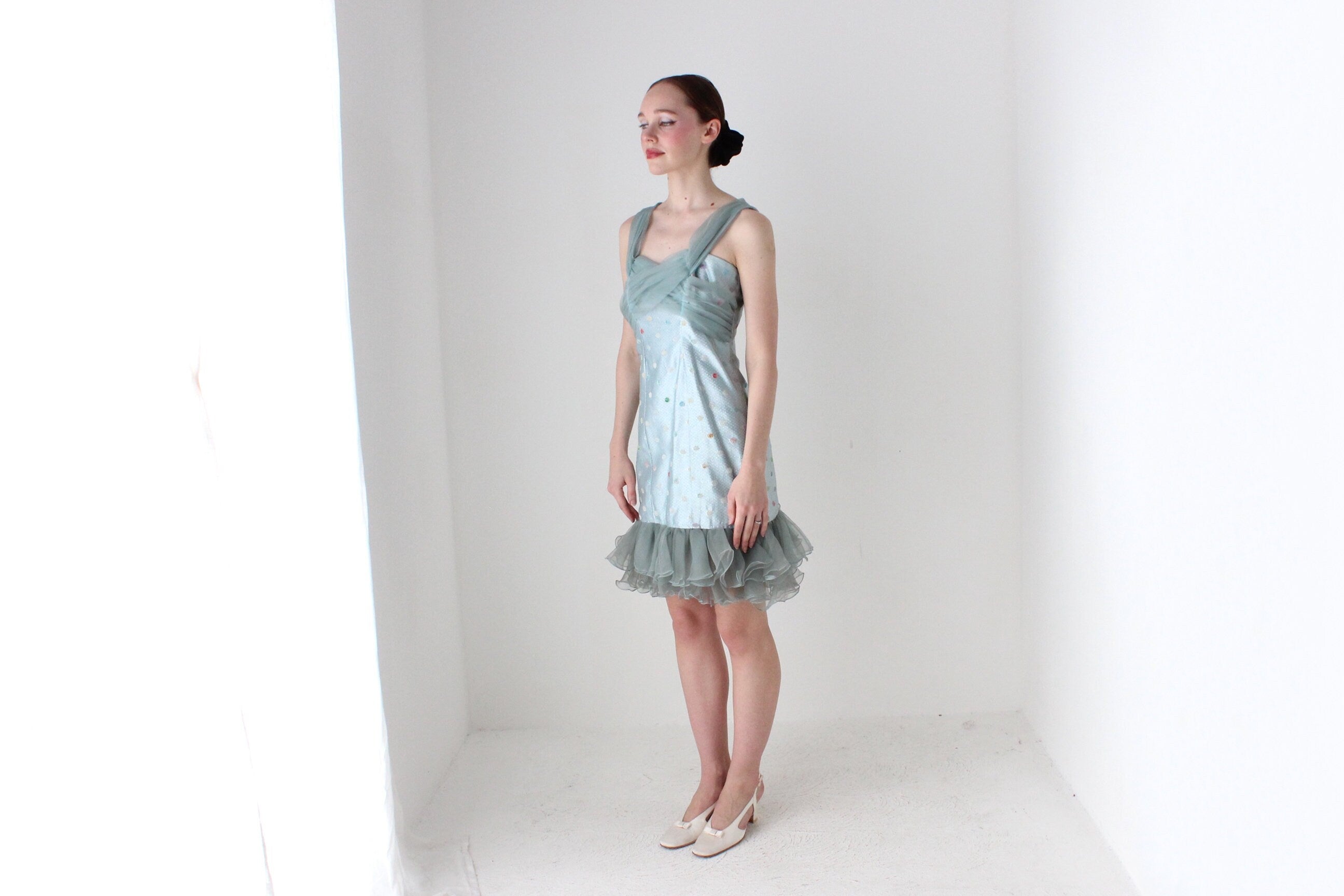 BALLETCORE Delicious 80s Ice Blue Organza Ruffle Cocktail Dress