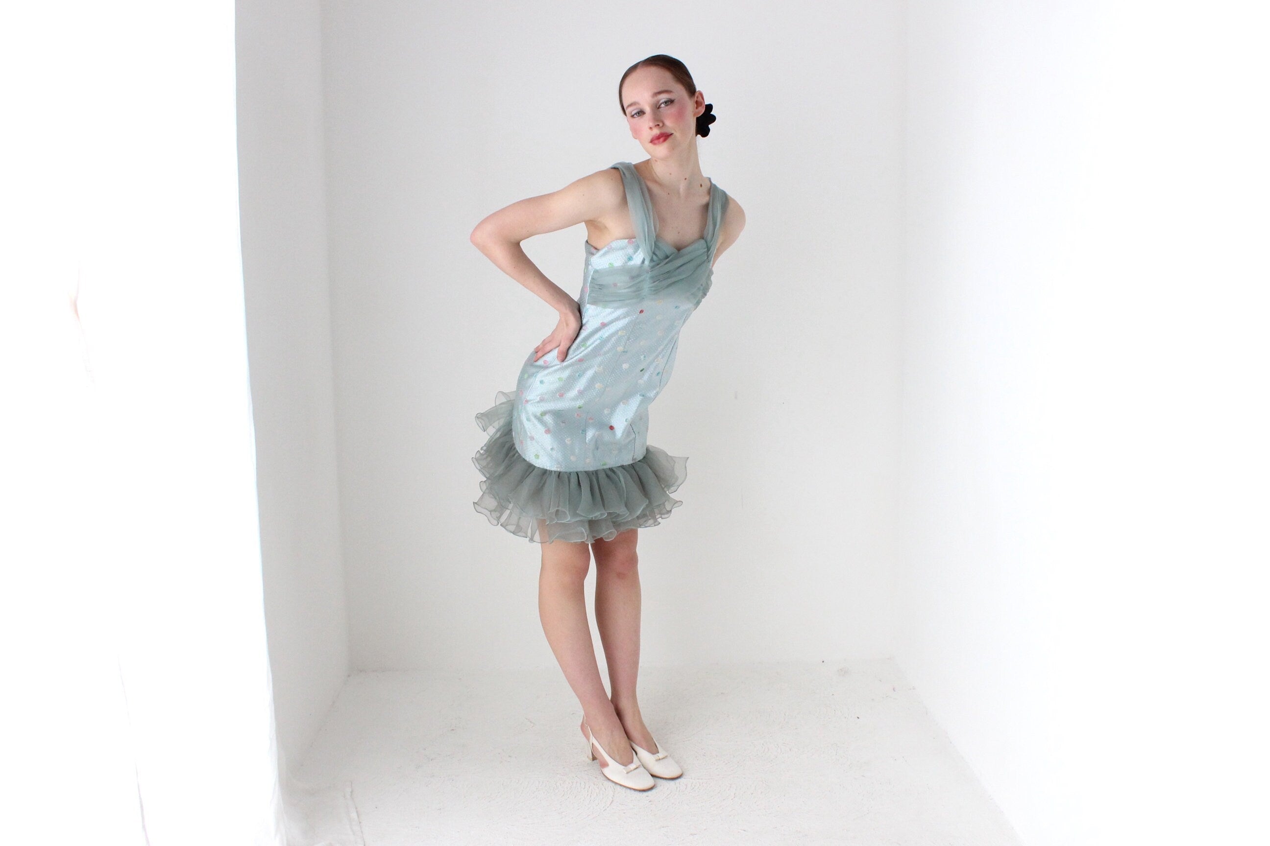 BALLETCORE Delicious 80s Ice Blue Organza Ruffle Cocktail Dress
