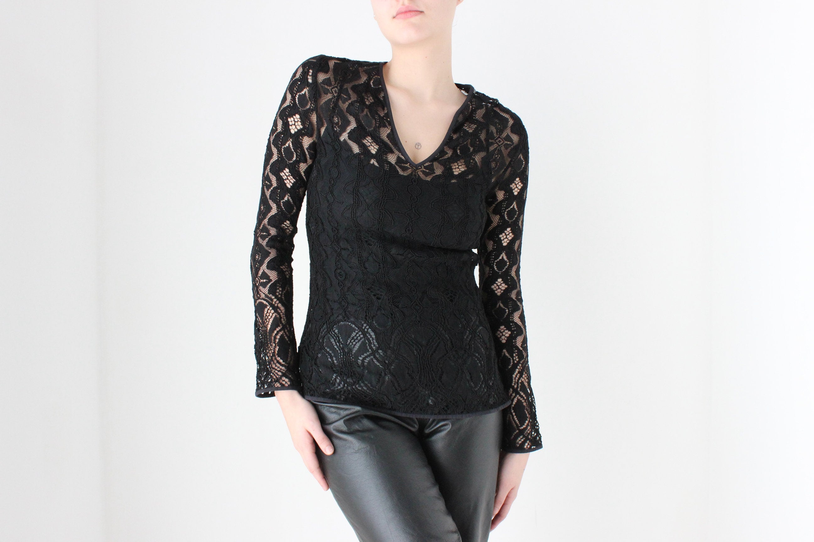 BALLETCORE 90s Sheer Black Lace Long Sleeve Top