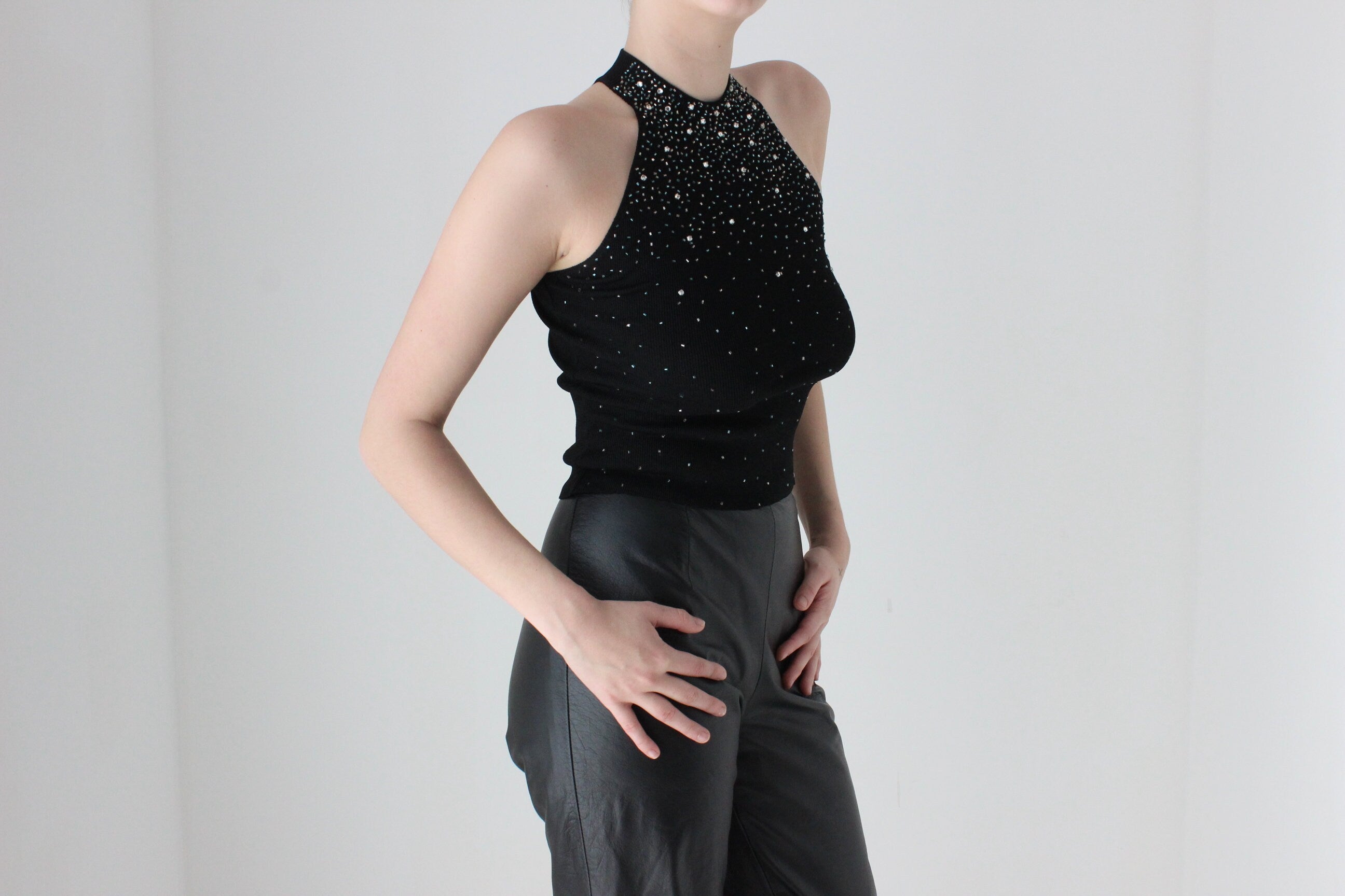 BALLETCORE Y2K Diamonte Ribbed Disco Halter Topm