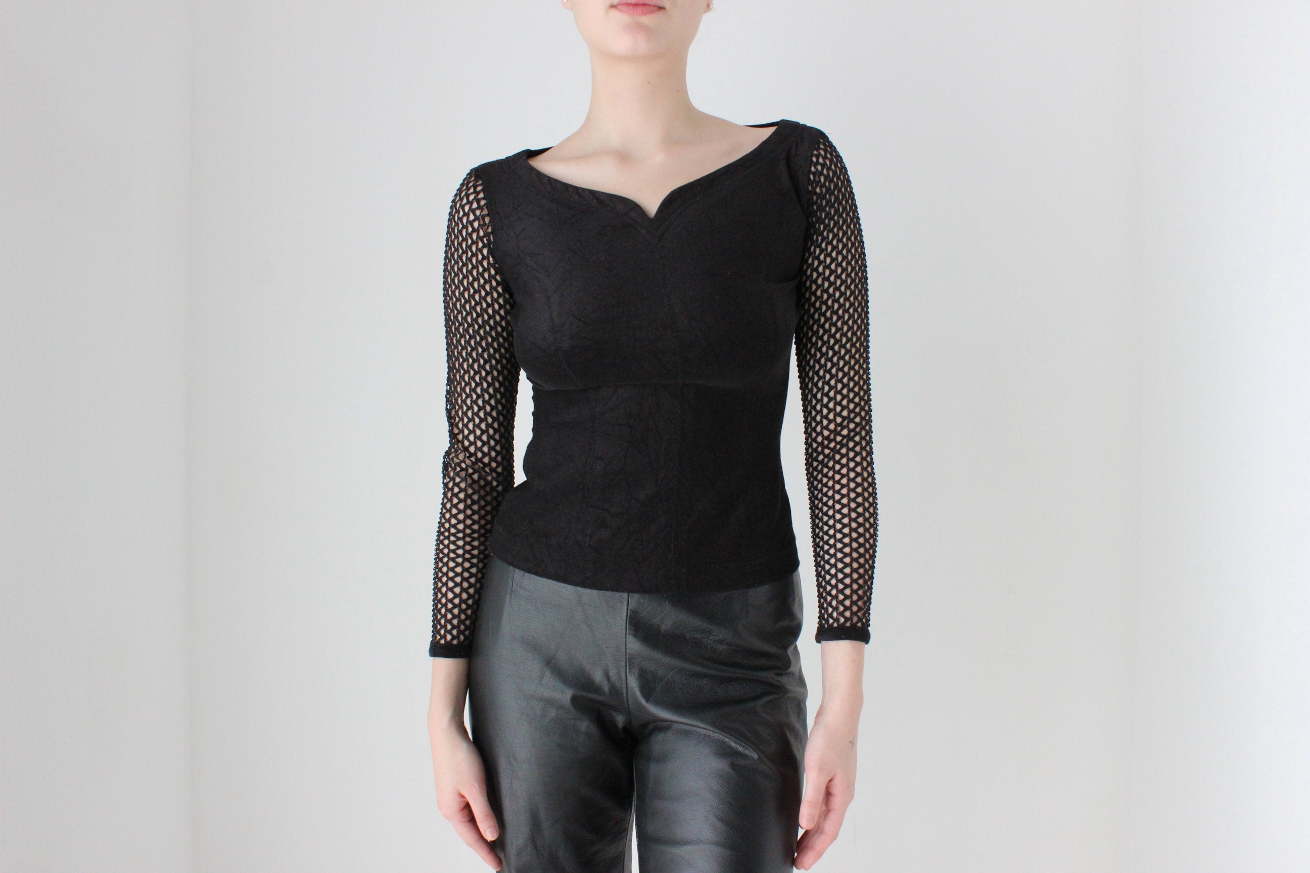 BALLETCORE 90s Goth Velour & Fishnet Stretch Long Sleeve Top