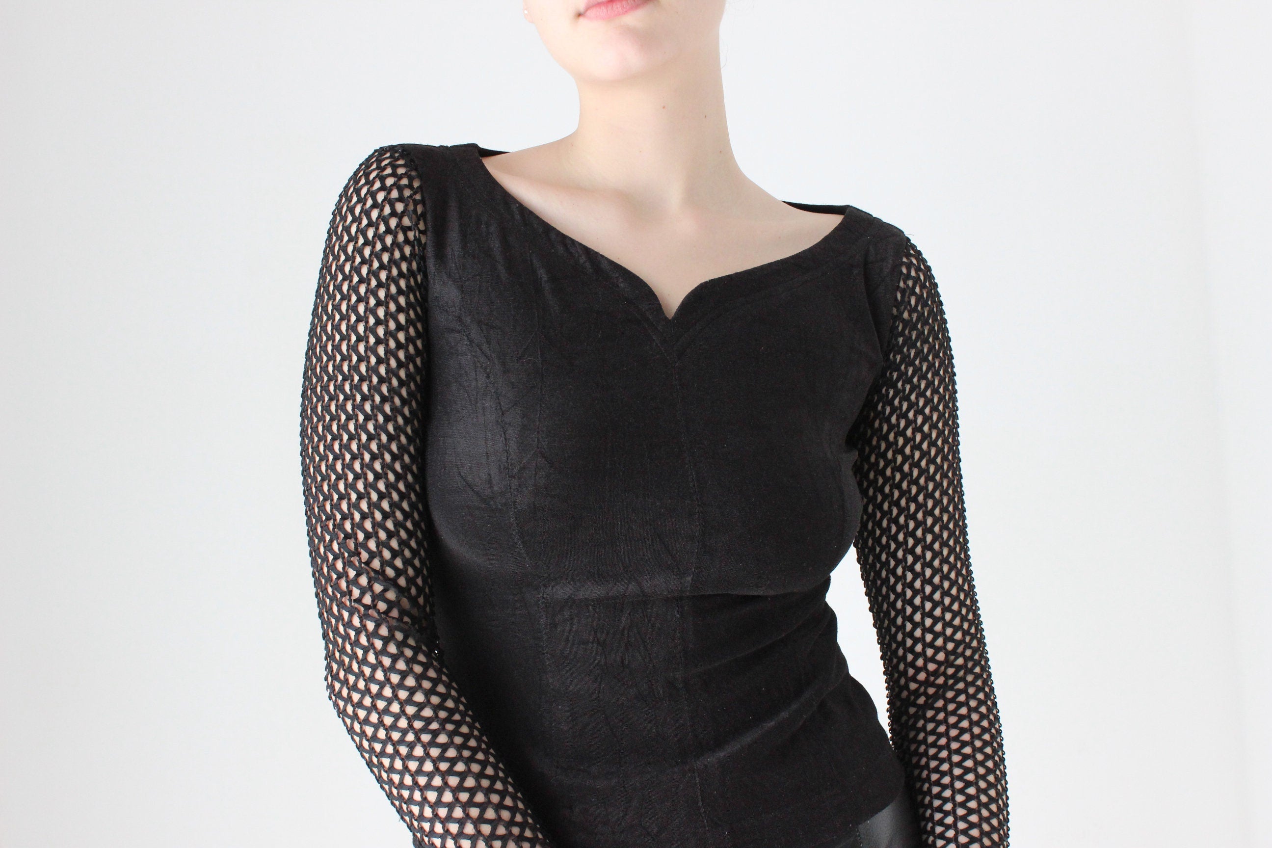 BALLETCORE 90s Goth Velour & Fishnet Stretch Long Sleeve Top