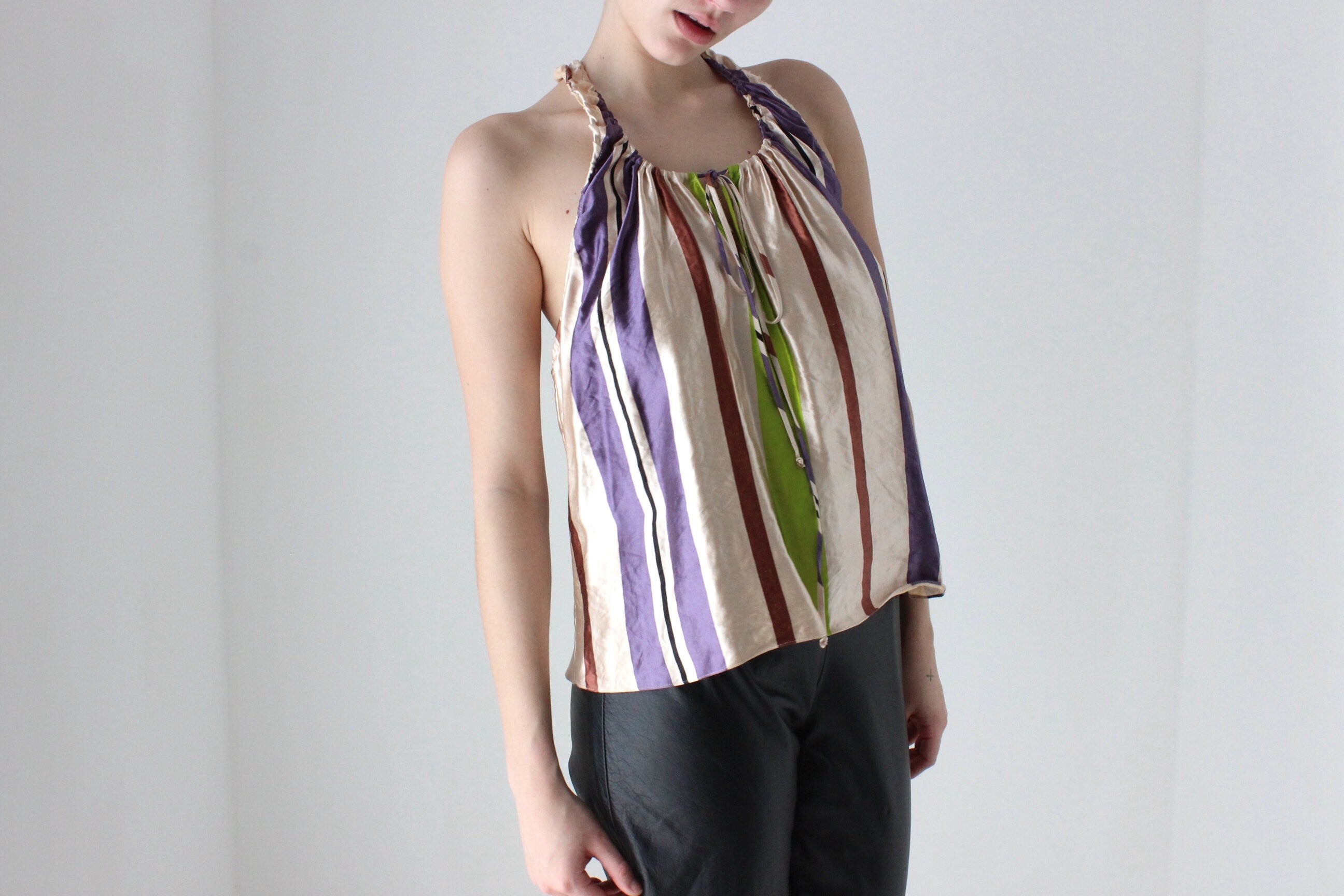 BALLETCORE 2000s Marni Metallic Striped Silk / Linen Trapeze Top