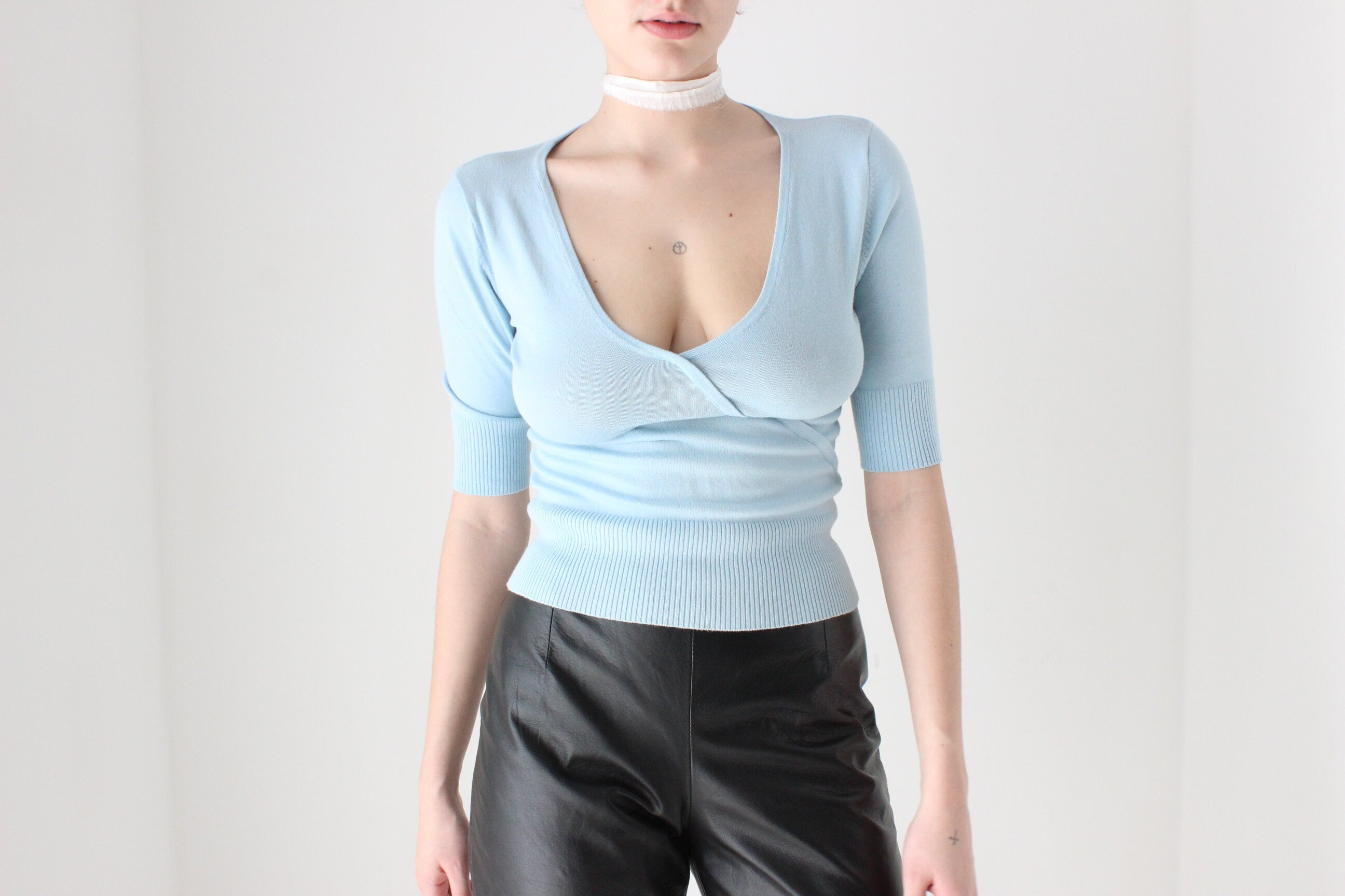 BALLETCORE 90s Pastel Plunge Neck 'Wrap' Knit Top