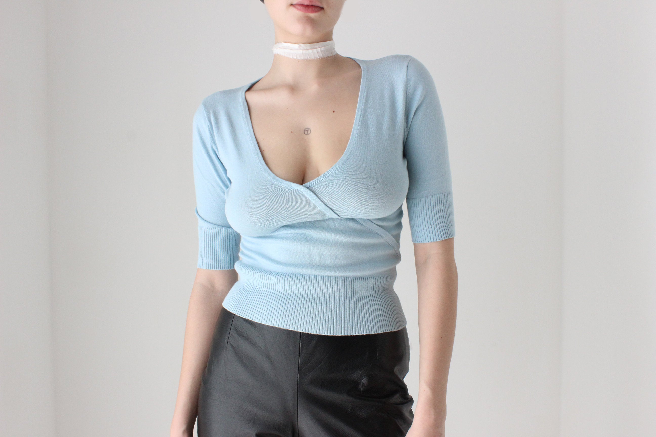 BALLETCORE 90s Pastel Plunge Neck 'Wrap' Knit Top