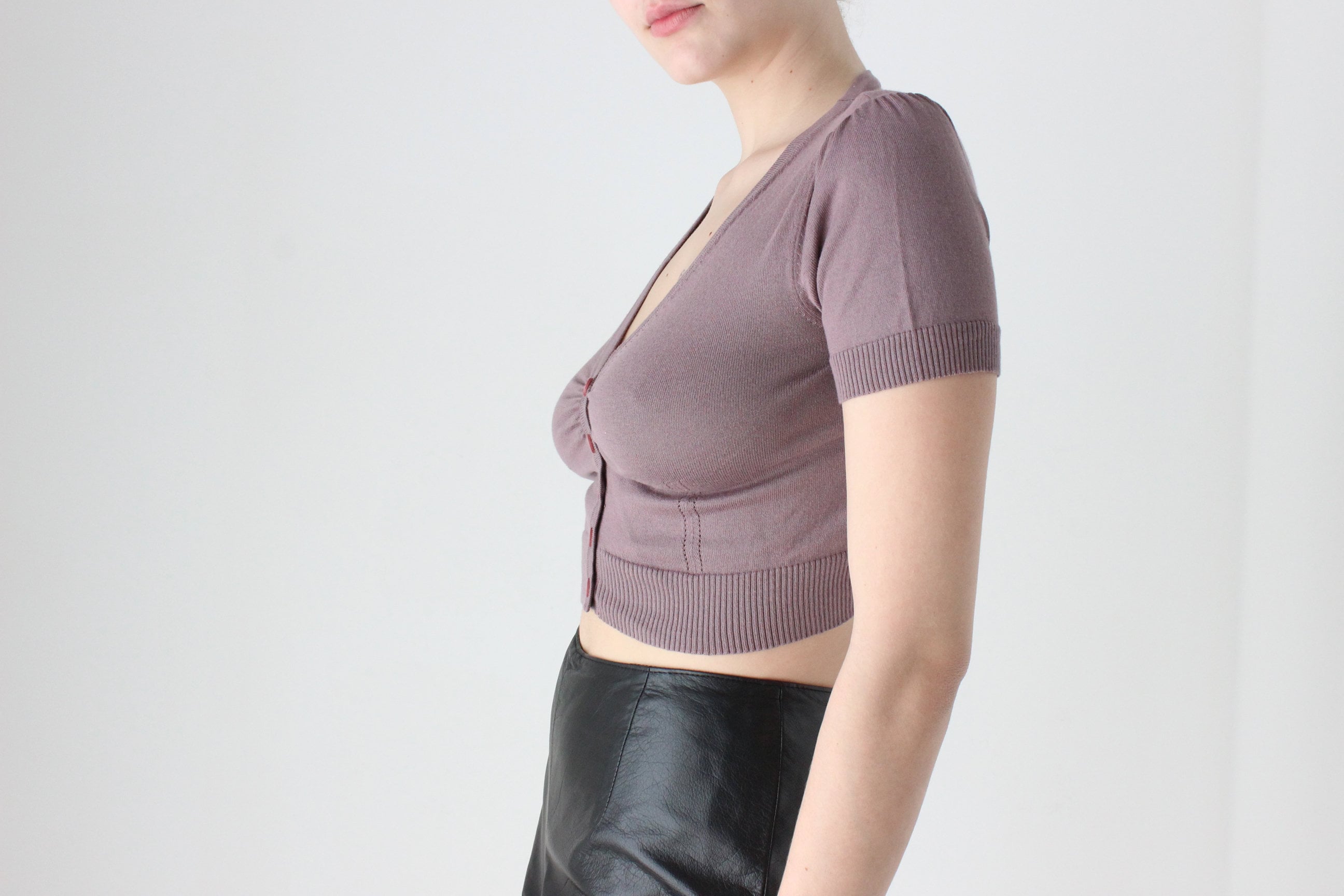 BALLETCORE Y2K Mauve Button Front Knit Crop by Cue