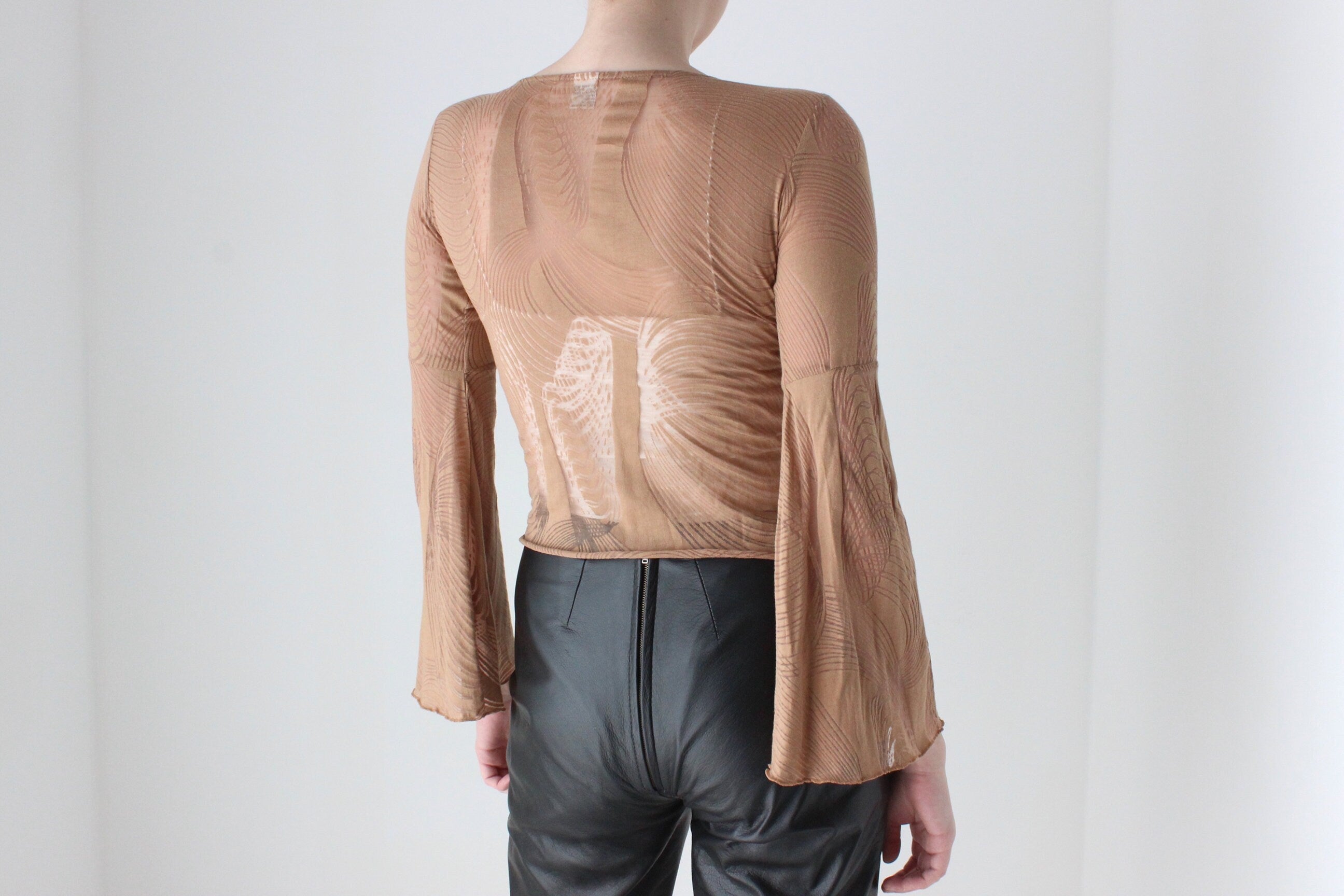 90s Sheer Caramel Burnout Mesh Flare Sleeve Top