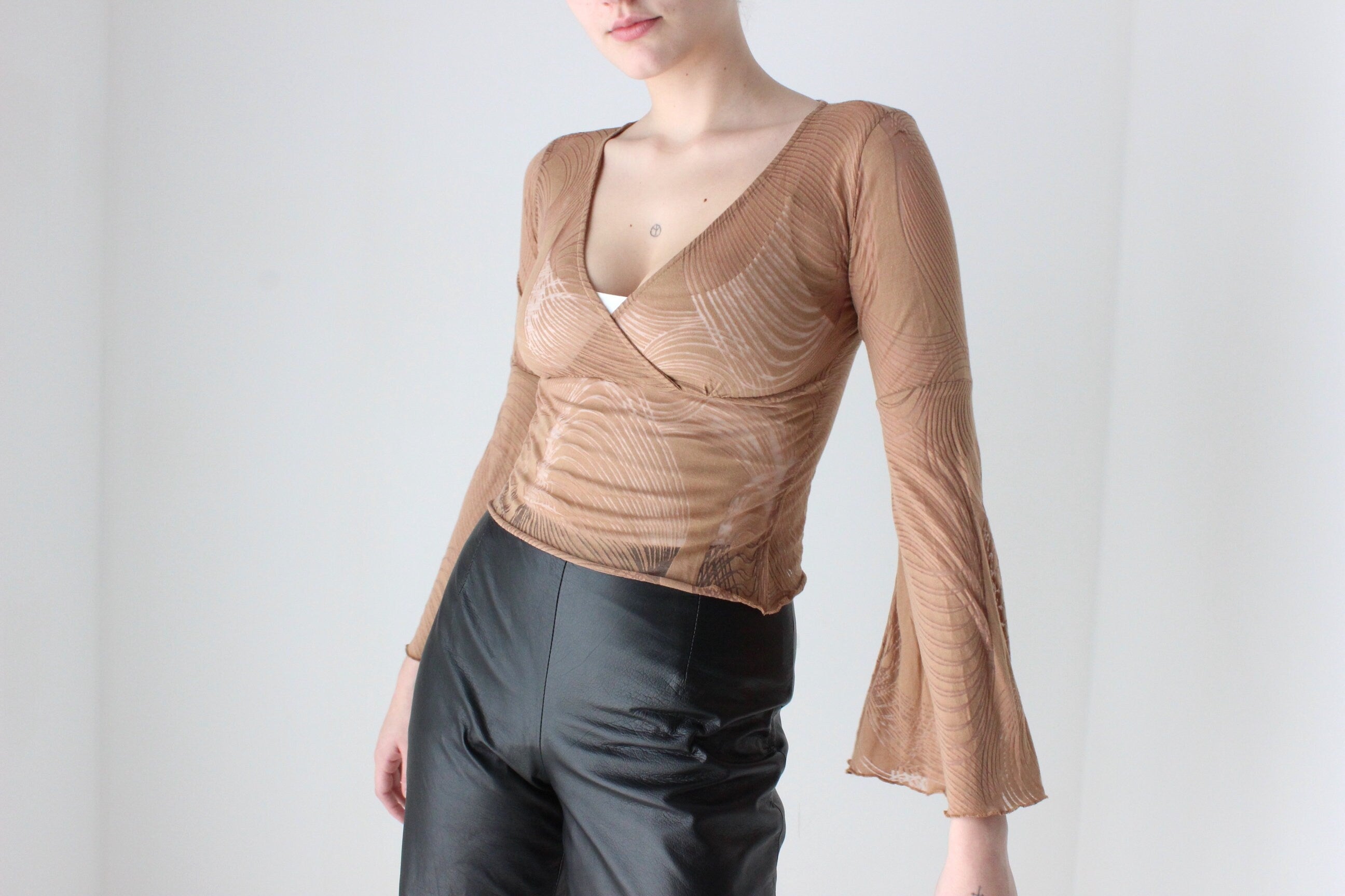 90s Sheer Caramel Burnout Mesh Flare Sleeve Top