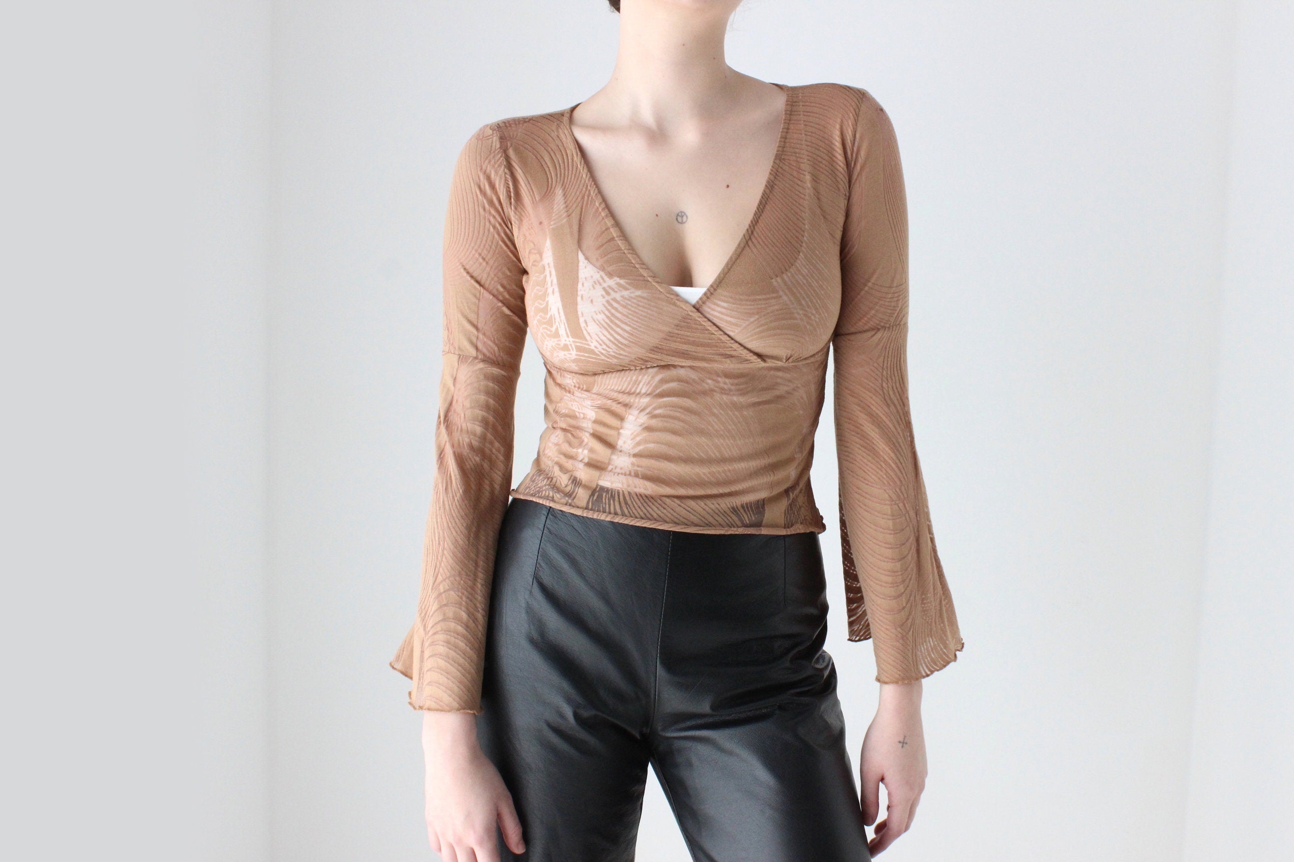 90s Sheer Caramel Burnout Mesh Flare Sleeve Top