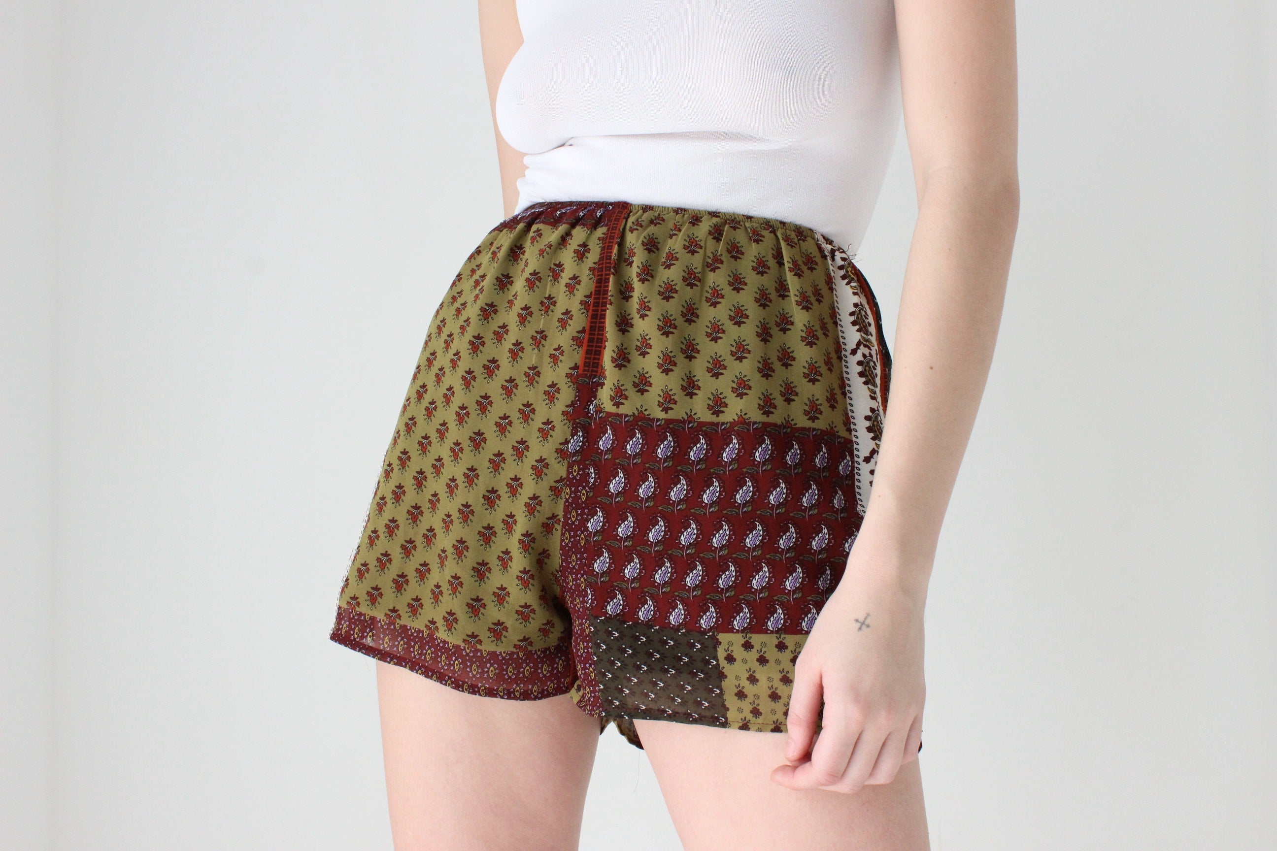 Y2K Patchwork Print Stretch Waist Relaxed Shorts