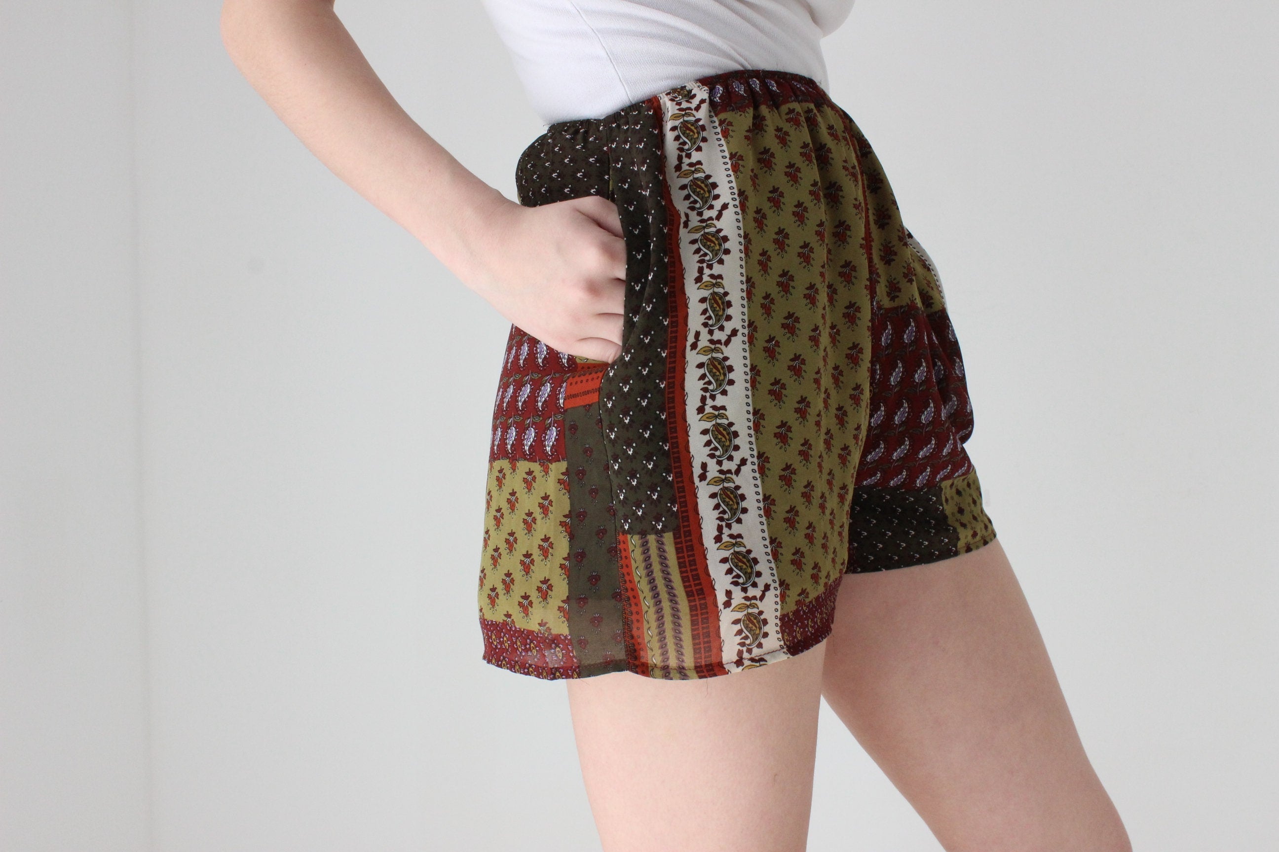 Y2K Patchwork Print Stretch Waist Relaxed Shorts