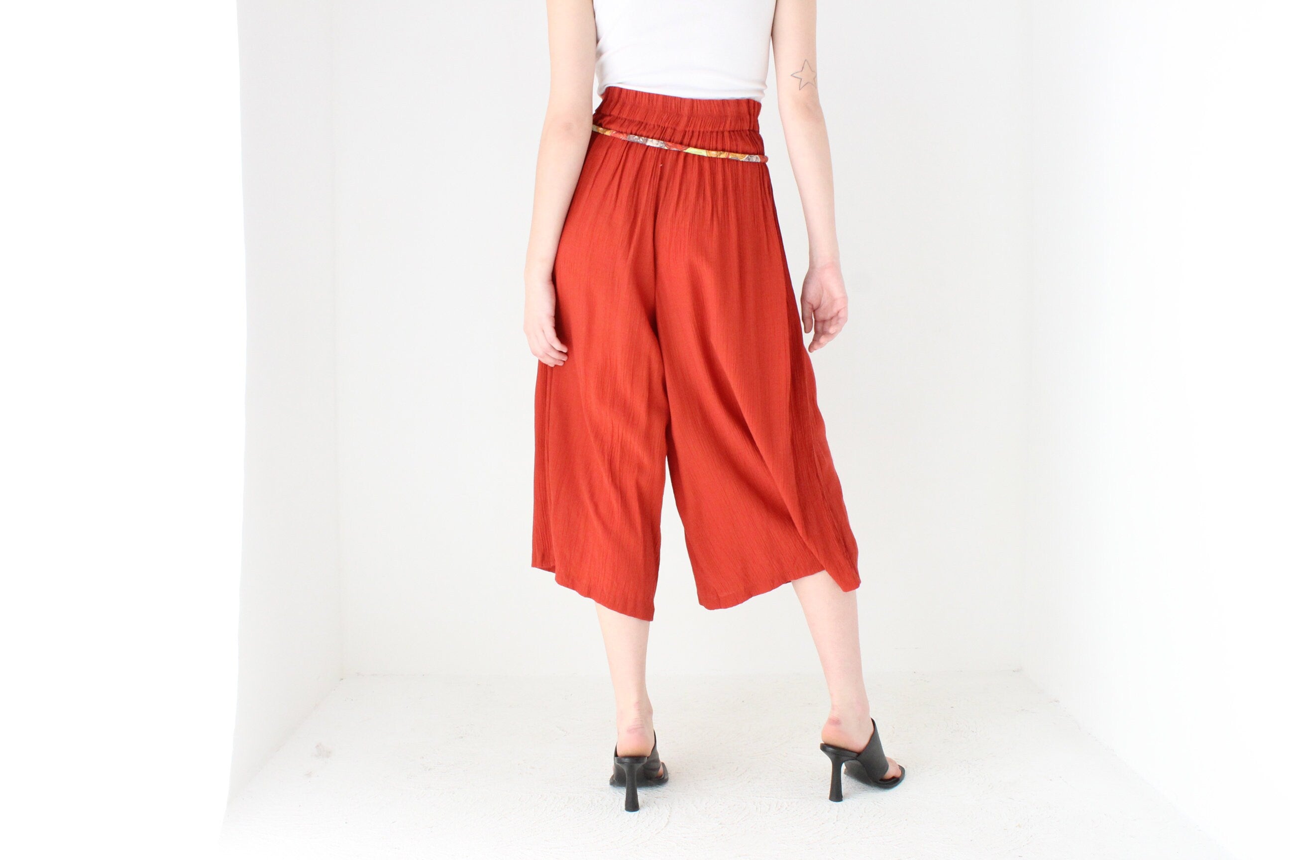 80s Burnt Orange Rayon Gauze Flared Culotte Pants