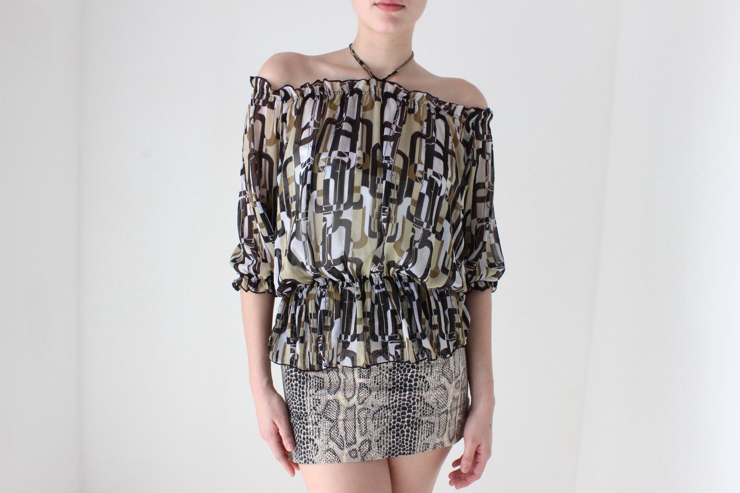 Y2K Printed Chiffon Halter / Off Shoulder Disco Top