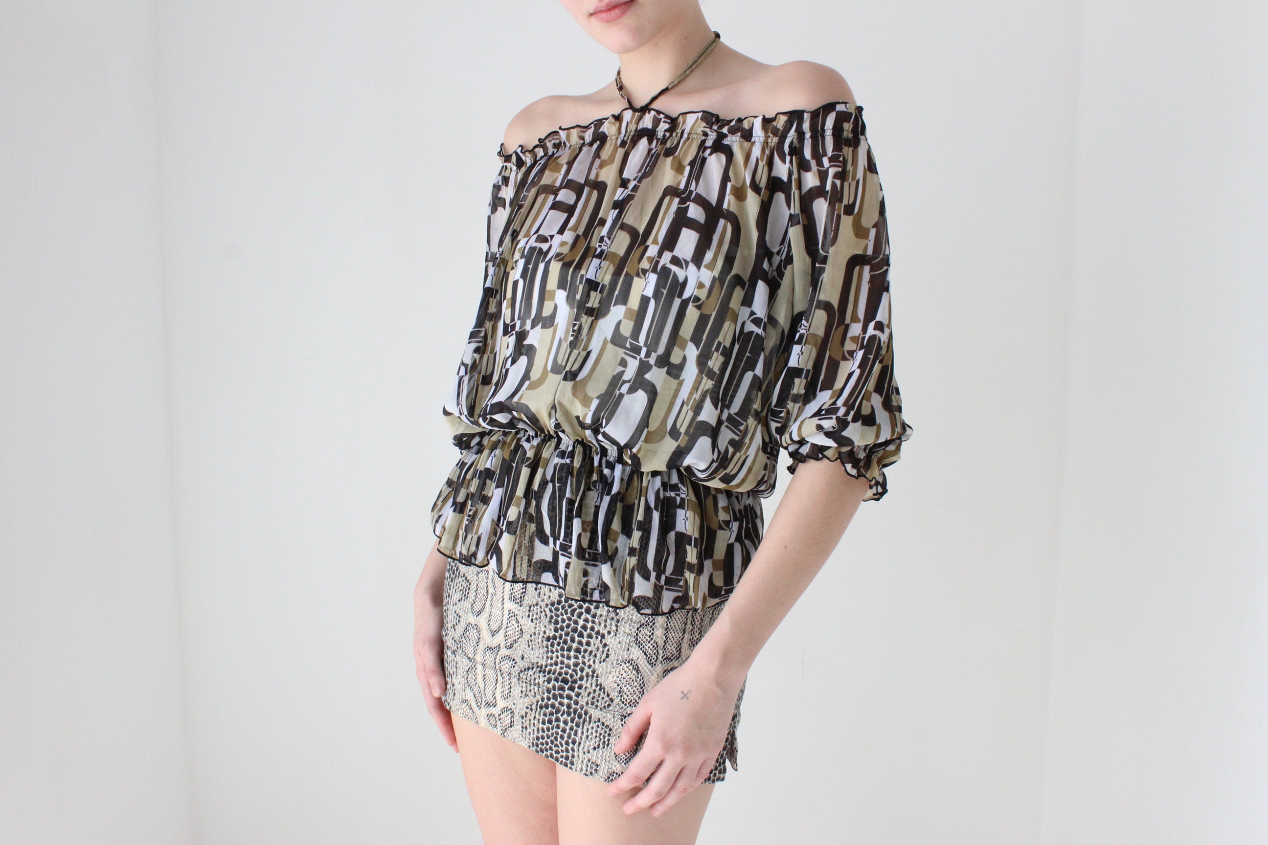 Y2K Printed Chiffon Halter / Off Shoulder Disco Top