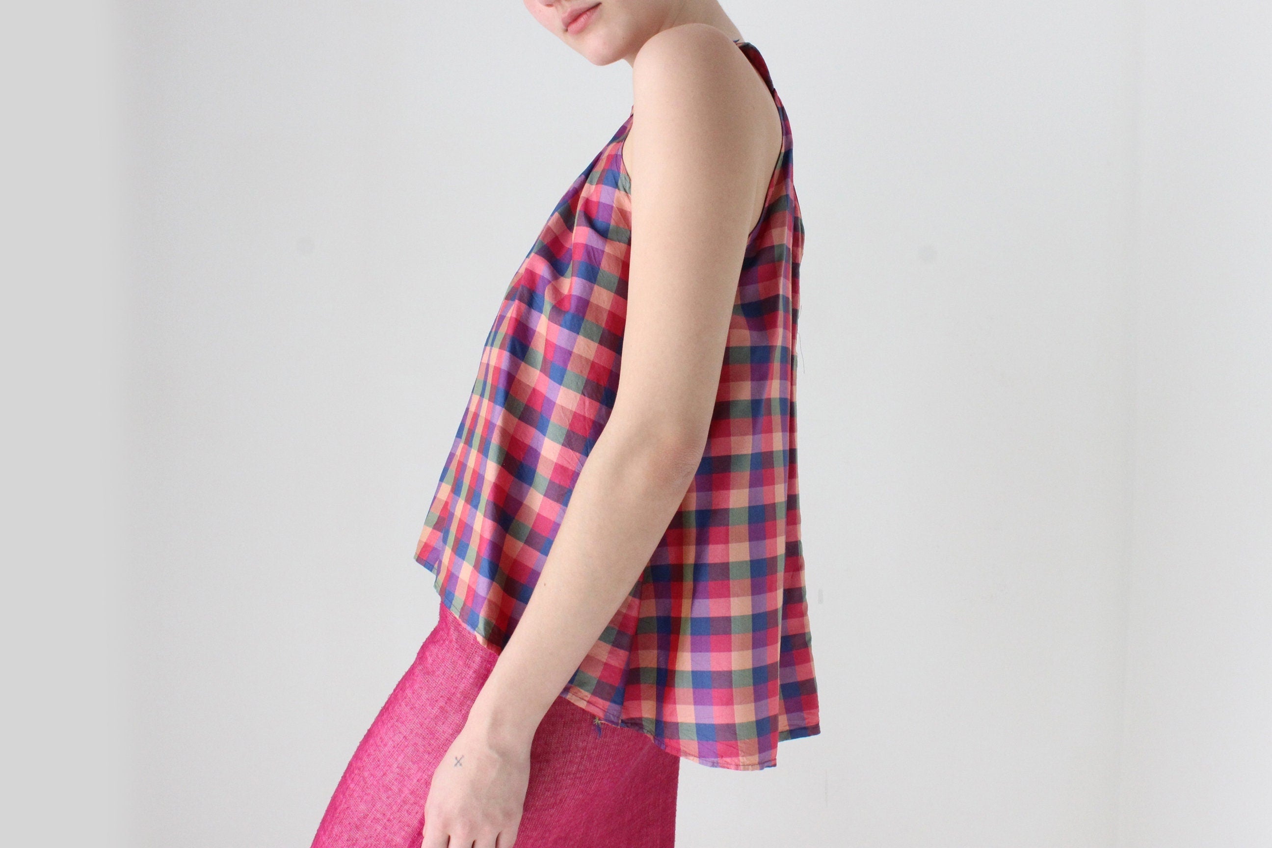 80s Handmade Silk Checked Trapeze Top