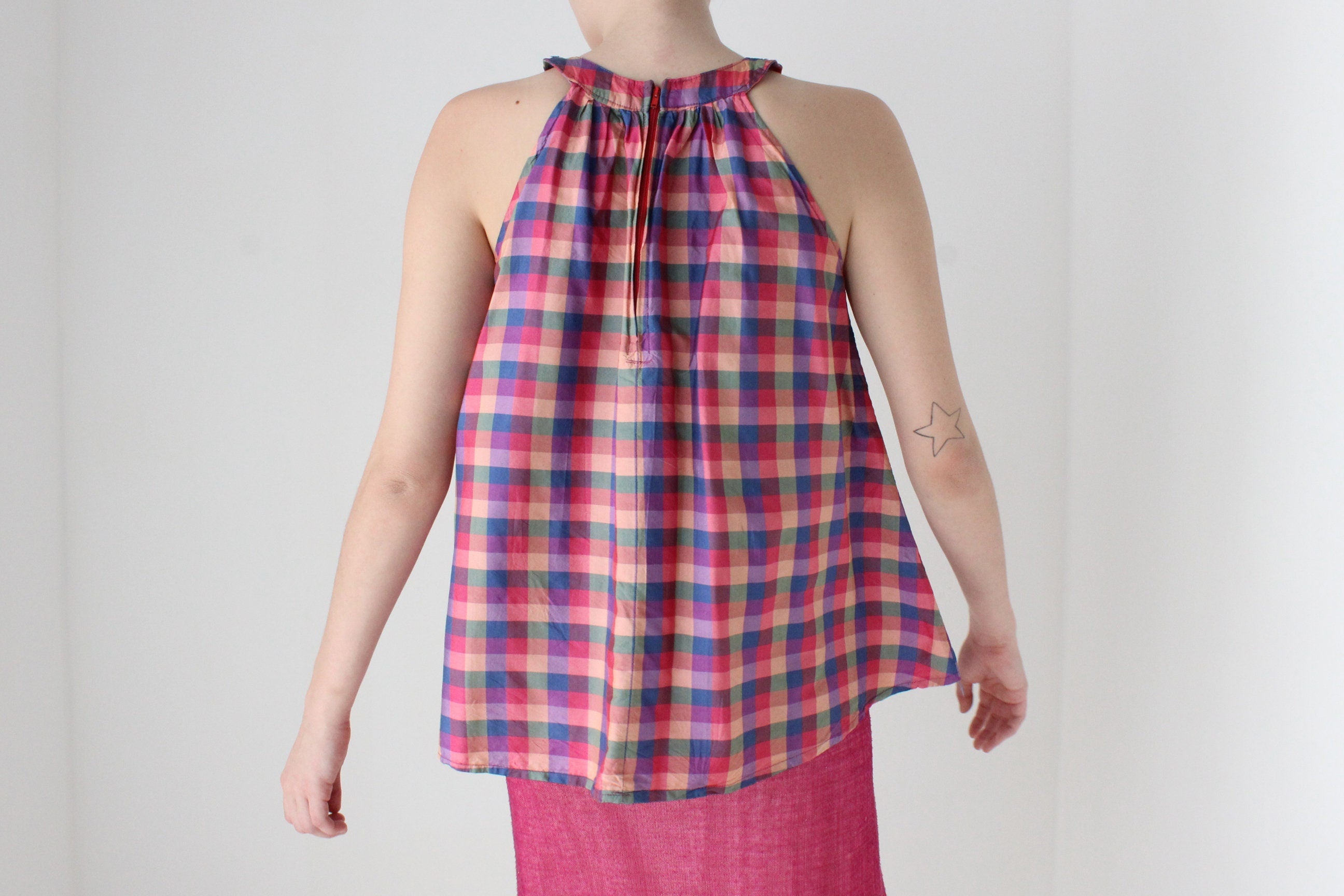 80s Handmade Silk Checked Trapeze Top