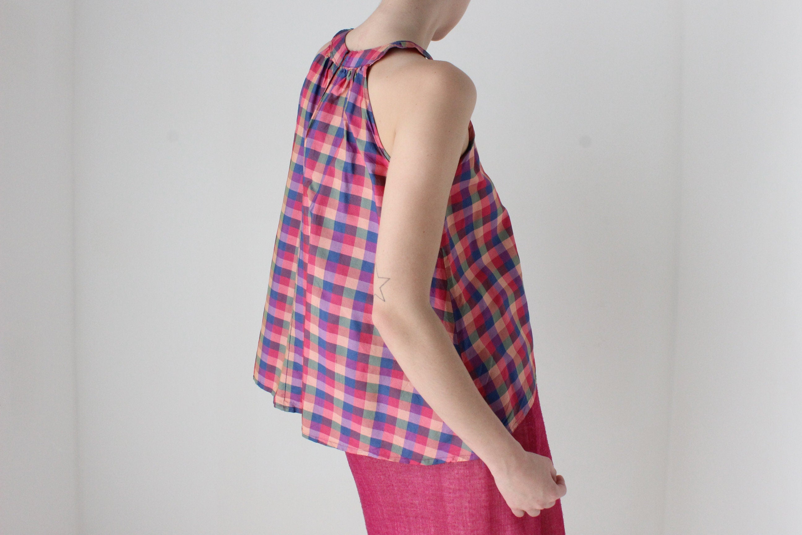 80s Handmade Silk Checked Trapeze Top