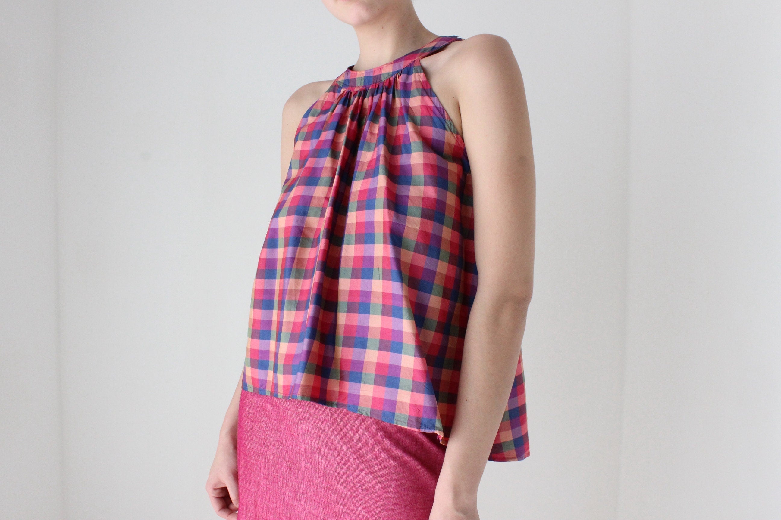 80s Handmade Silk Checked Trapeze Top