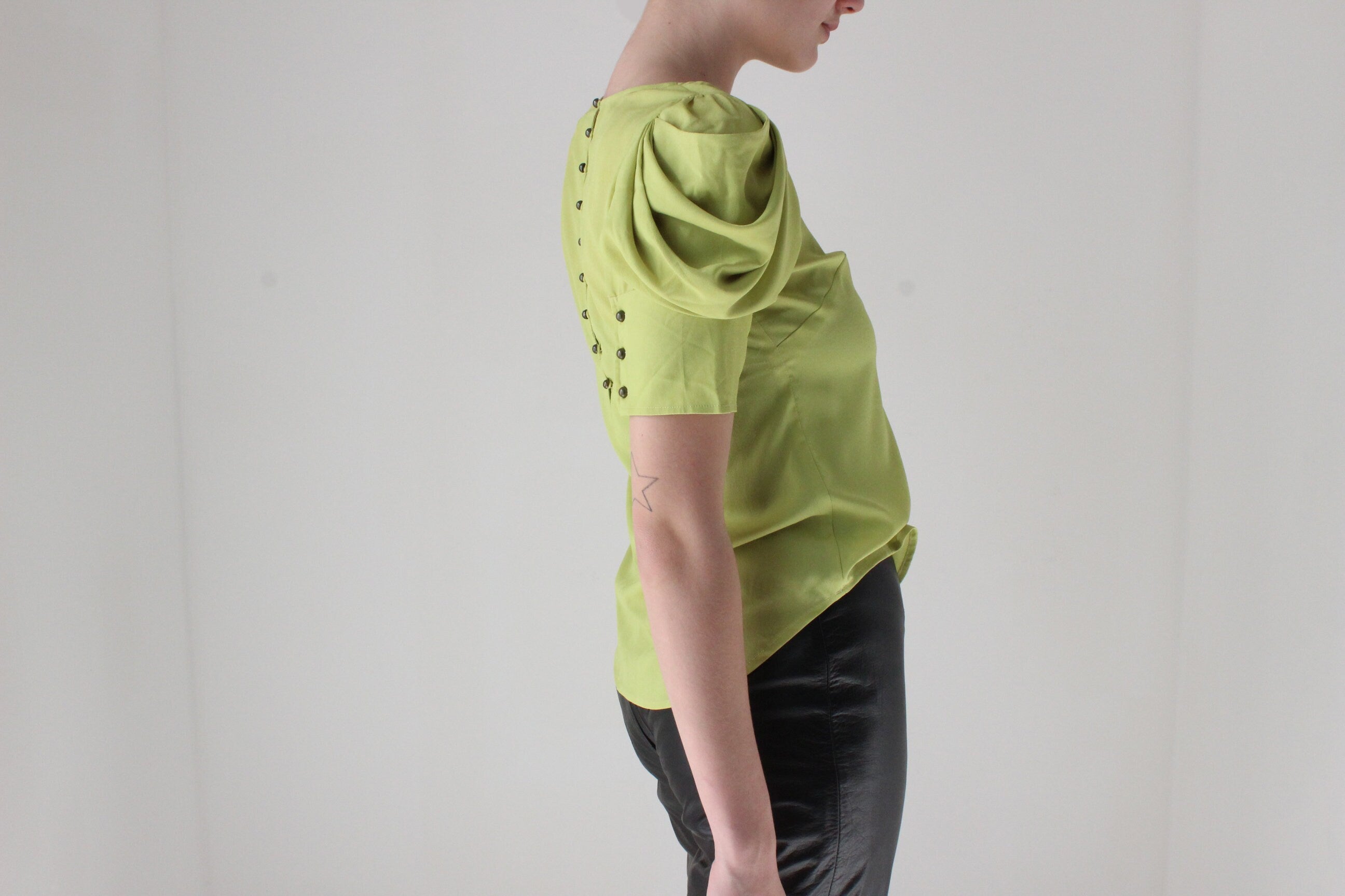 Y2K Chartreuse Sculptural Pagoda Sleeve Puff Shoulder Top