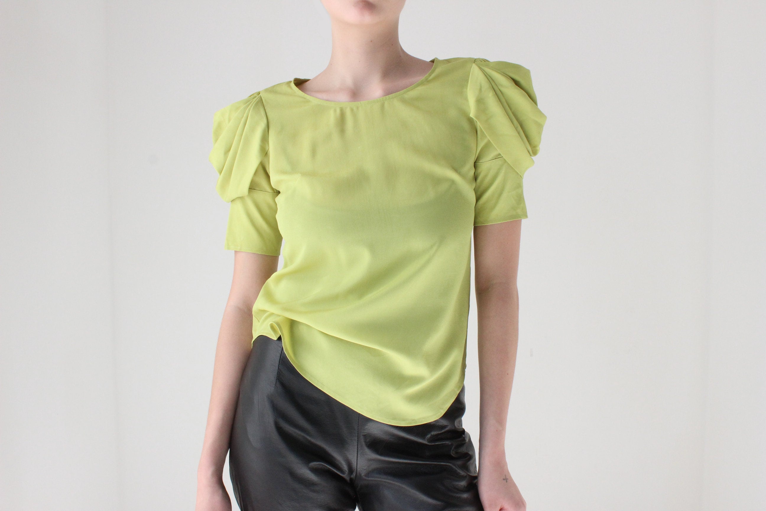 Y2K Chartreuse Sculptural Pagoda Sleeve Puff Shoulder Top
