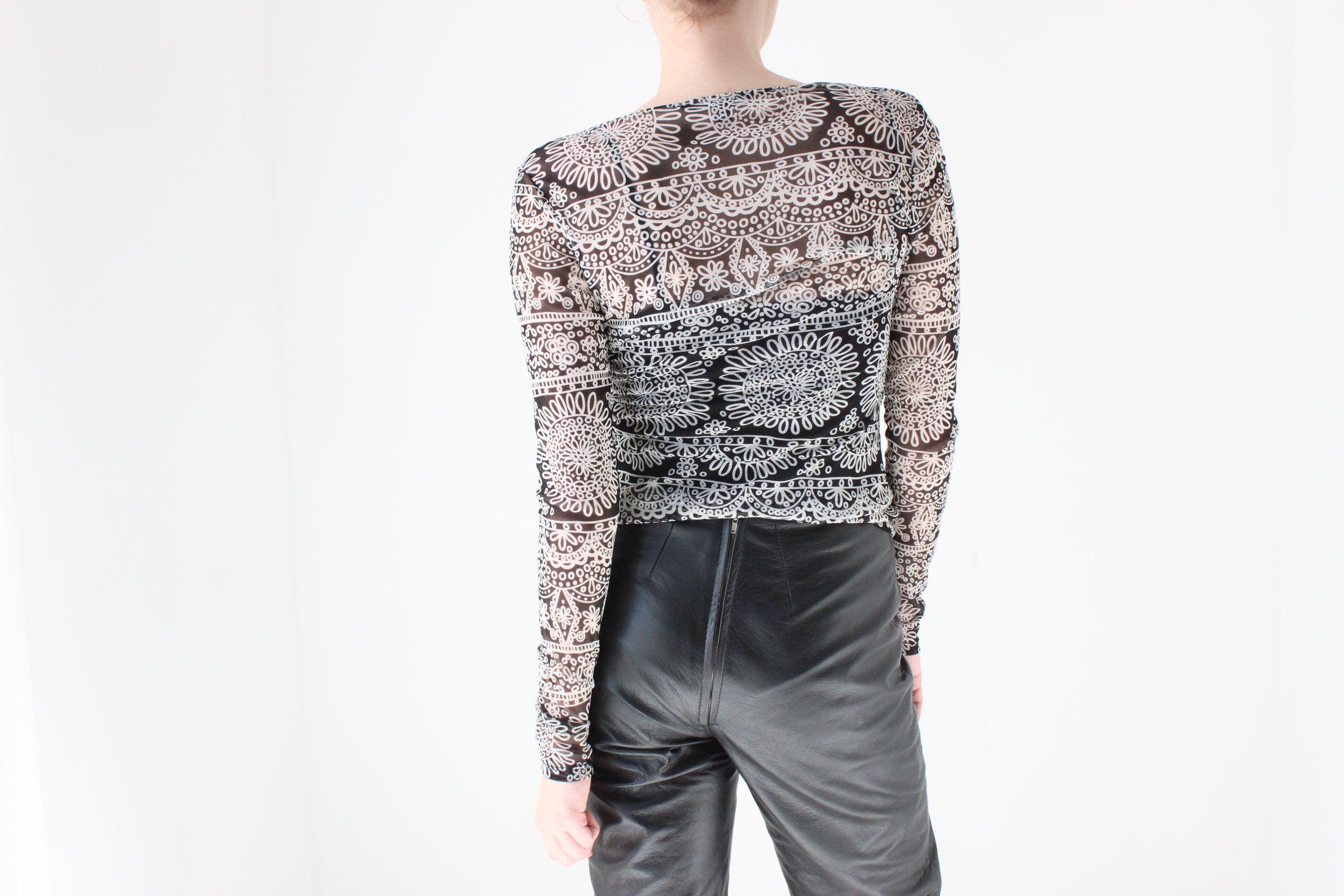 Y2K Printed Mesh Plunge Neck Button Front Top