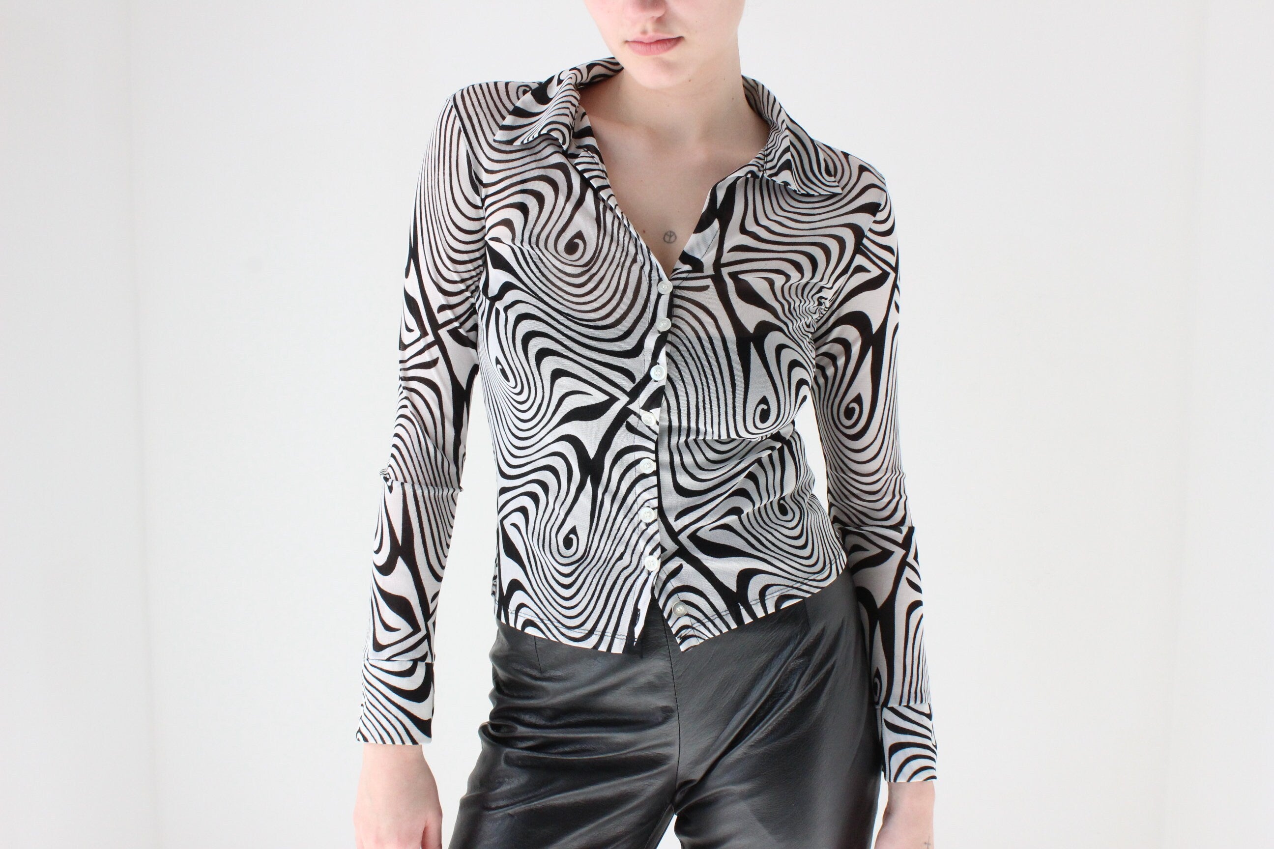 Y2K Trippy Monochrome Printed Mesh Button Up Top