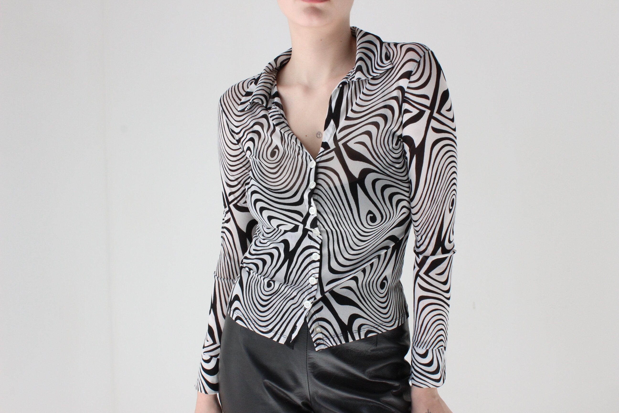 Y2K Trippy Monochrome Printed Mesh Button Up Top