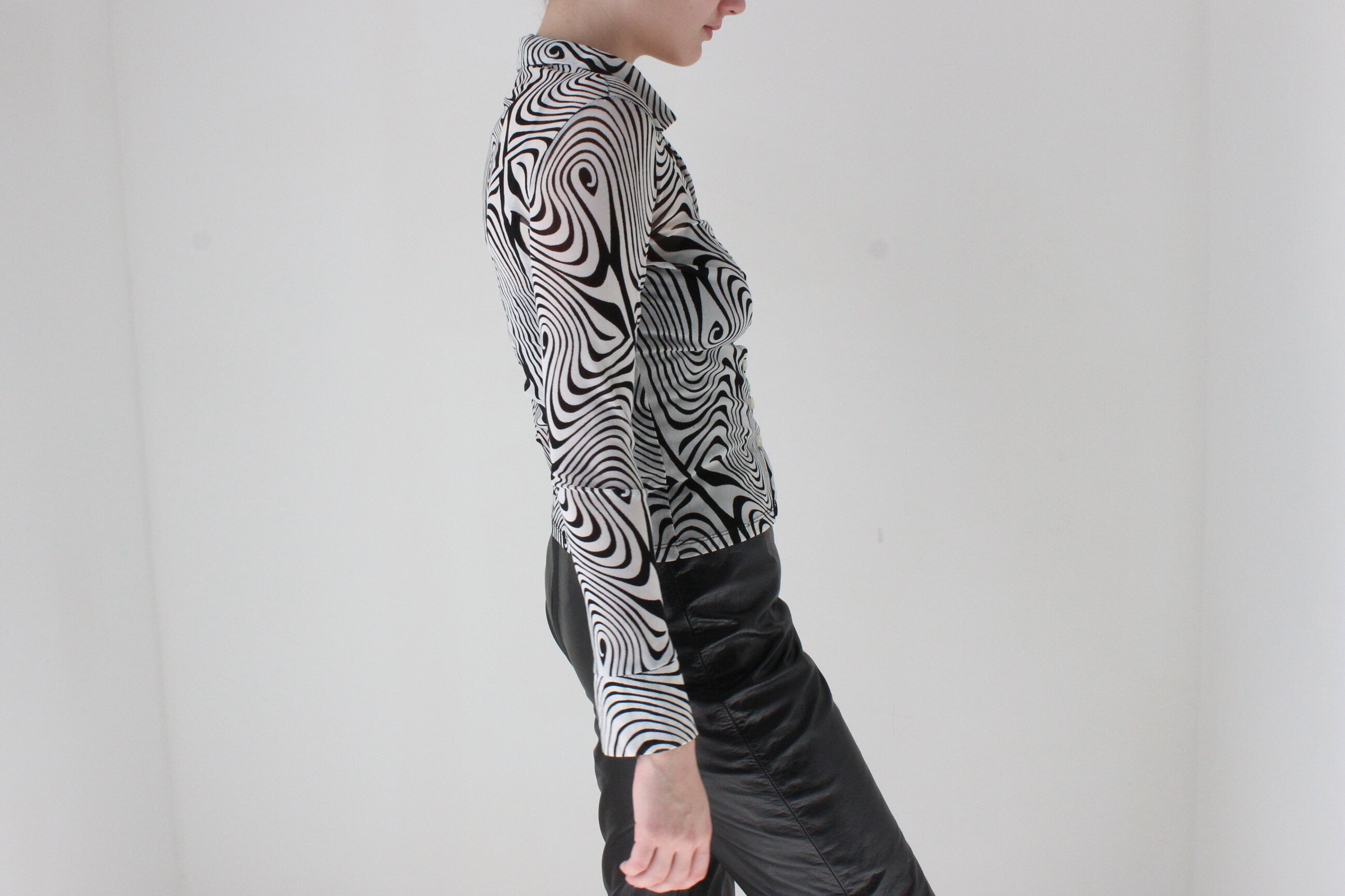 Y2K Trippy Monochrome Printed Mesh Button Up Top