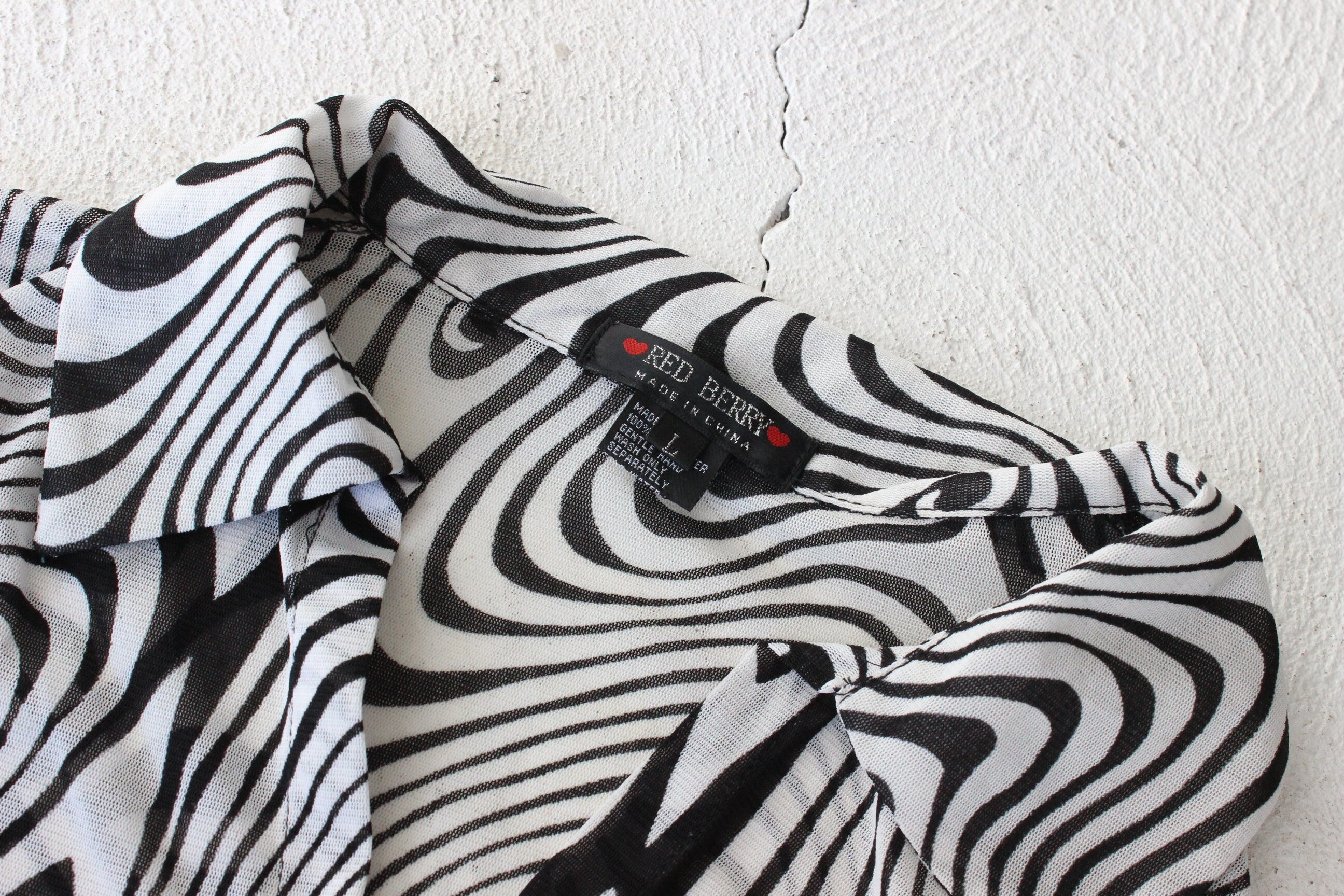 Y2K Trippy Monochrome Printed Mesh Button Up Top