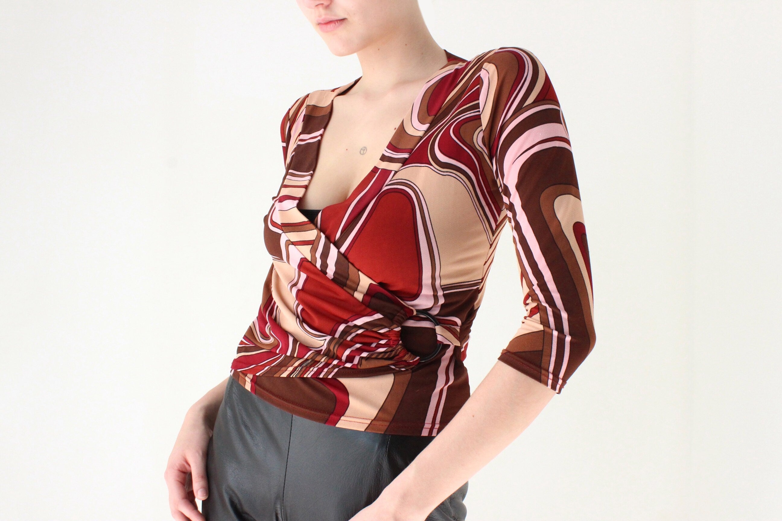 00s Does 70s Printed Disco Plunge Neck Top