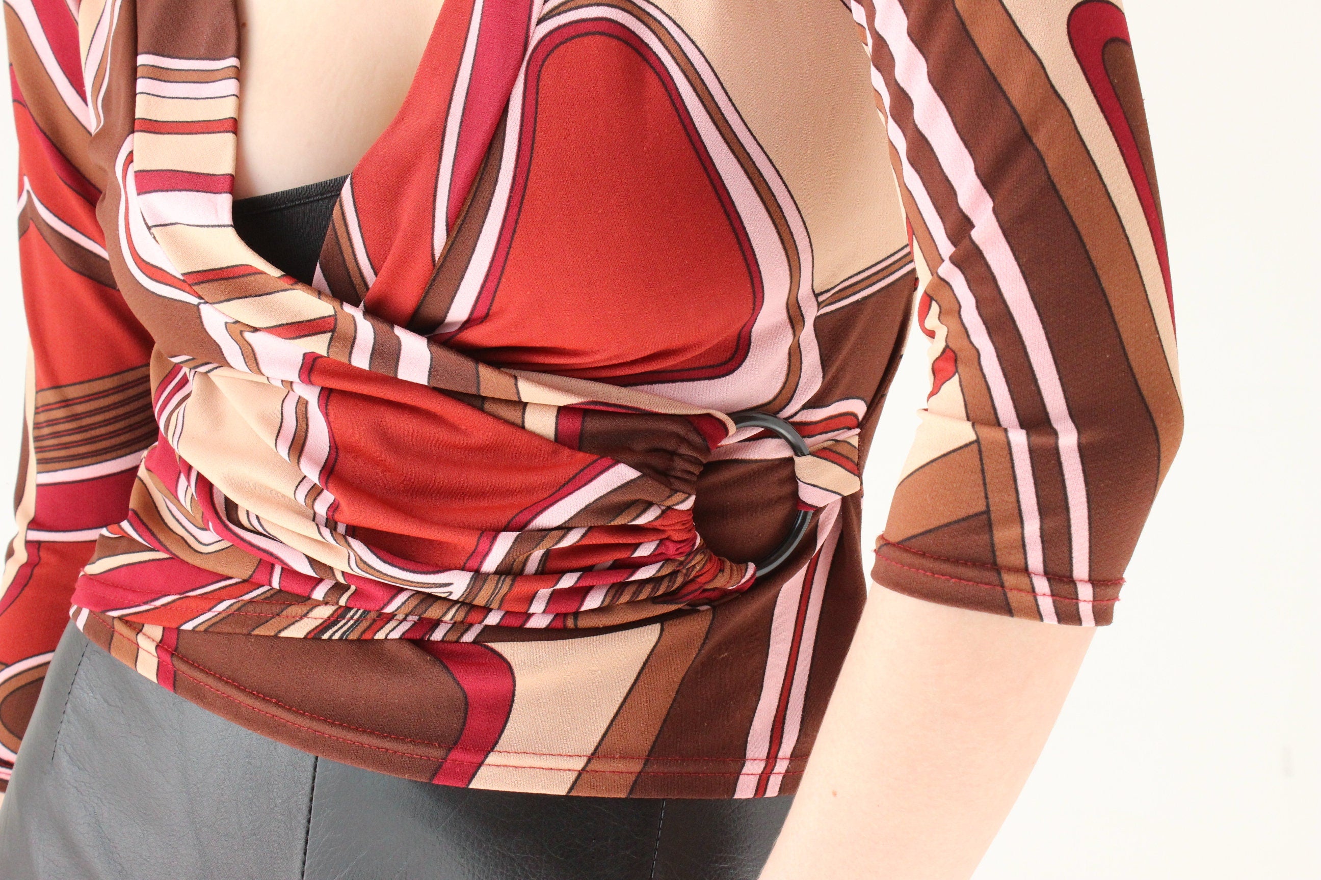 00s Does 70s Printed Disco Plunge Neck Top