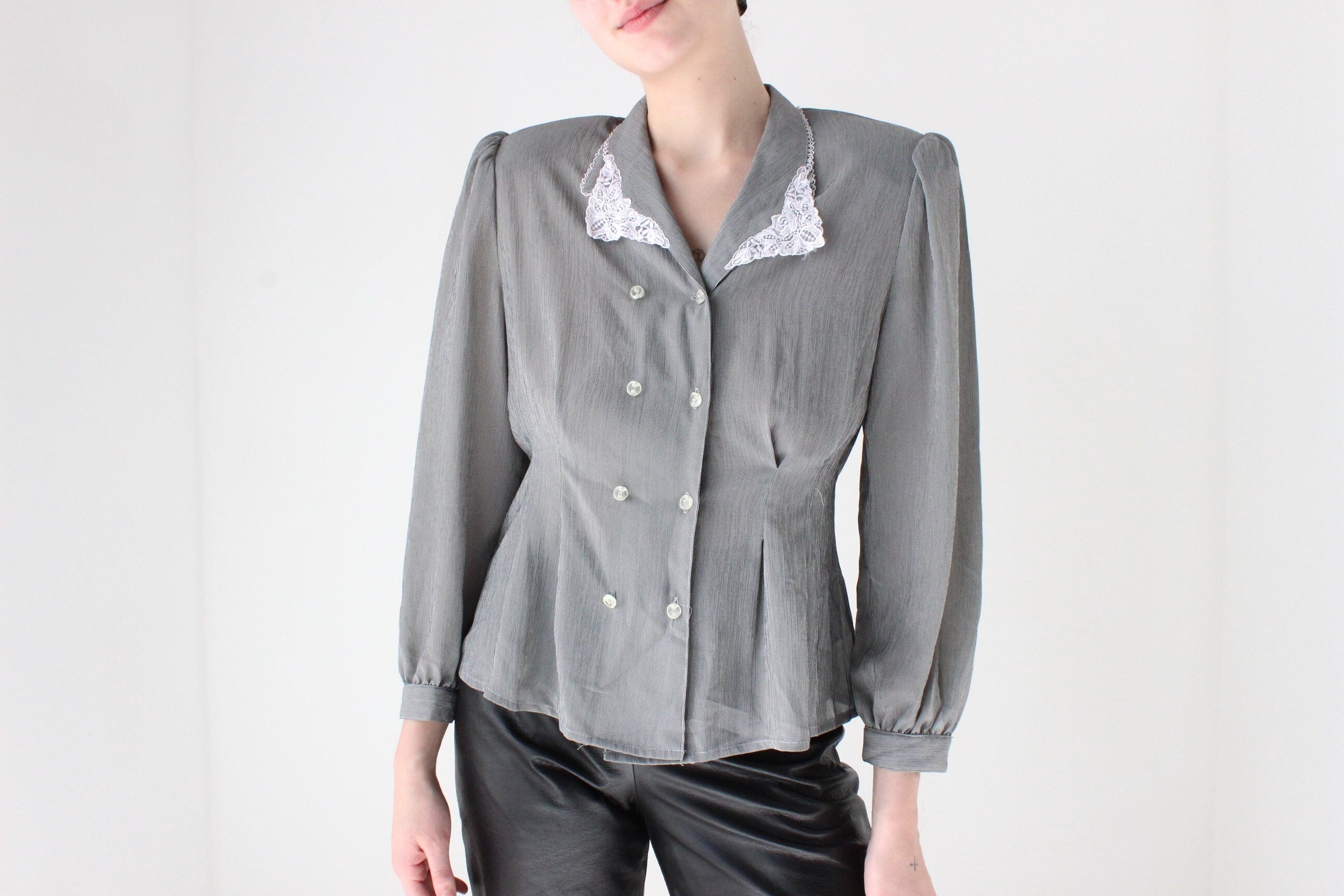 80s Sexy Secretary Lace Collar Button Up Blouse