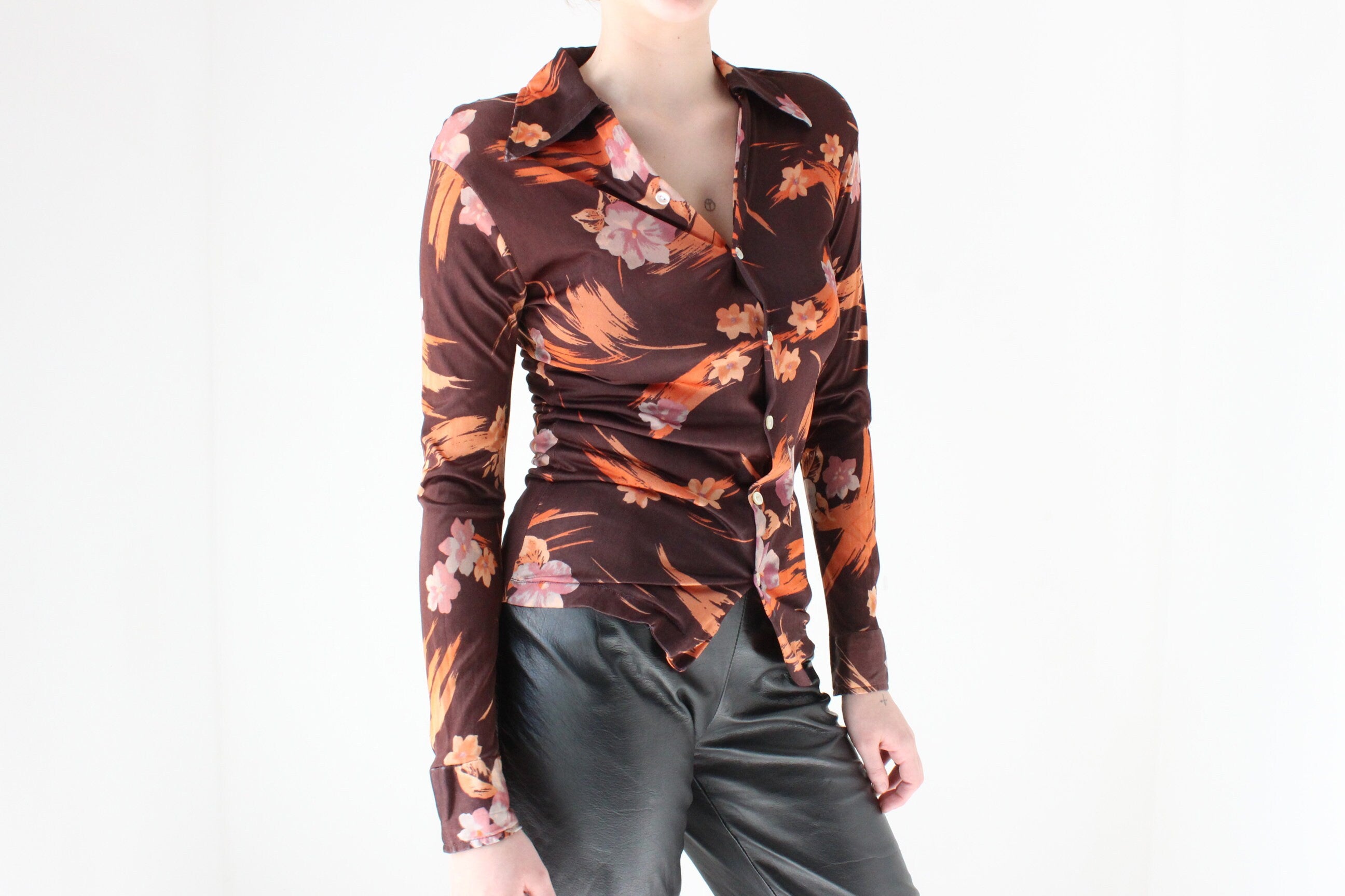 70s Disco Kitten Floral Stretch Fitted Blouse