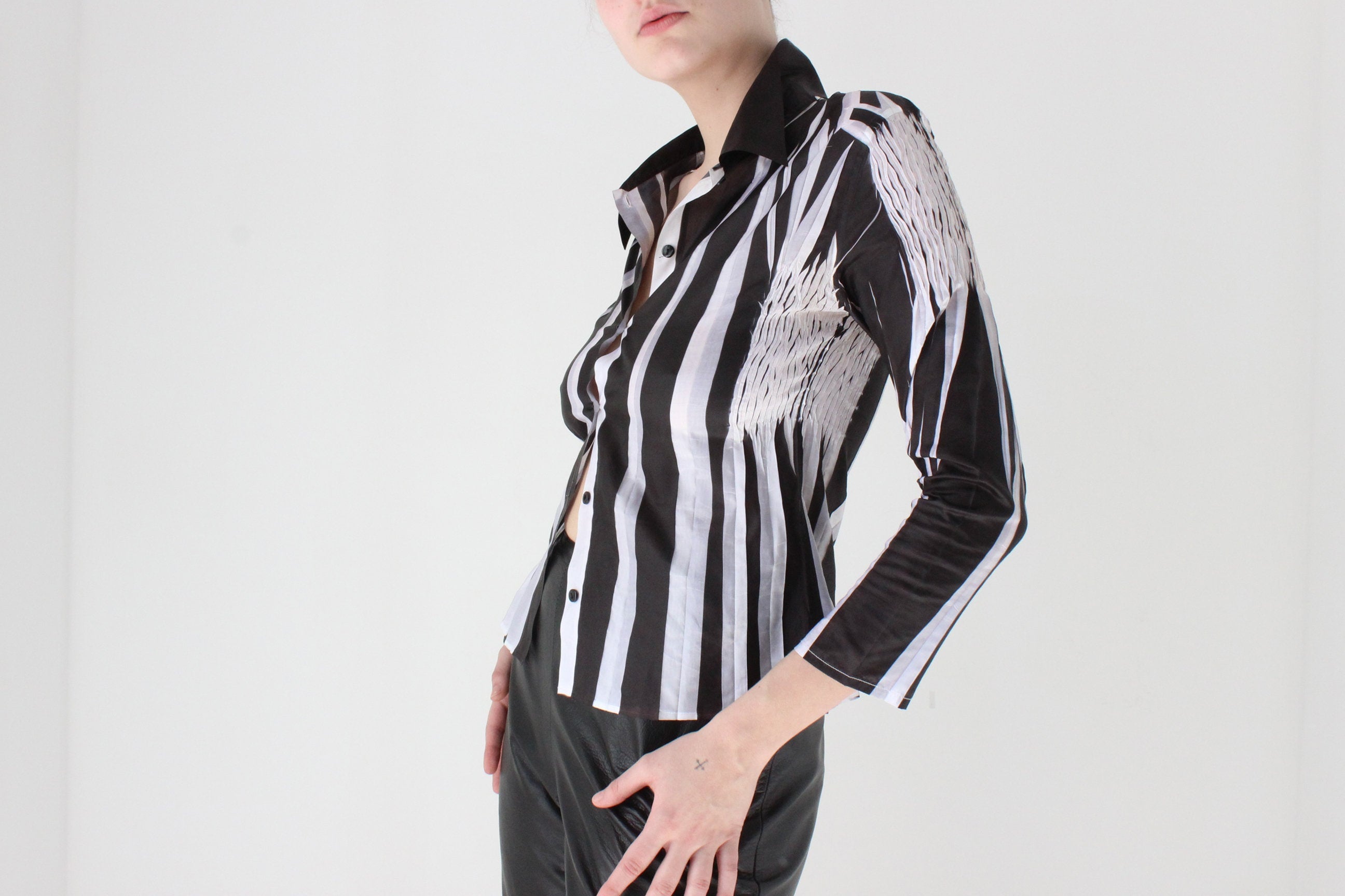 Y2K Origami Crinkle Textured Monochrome Stretch Shirt