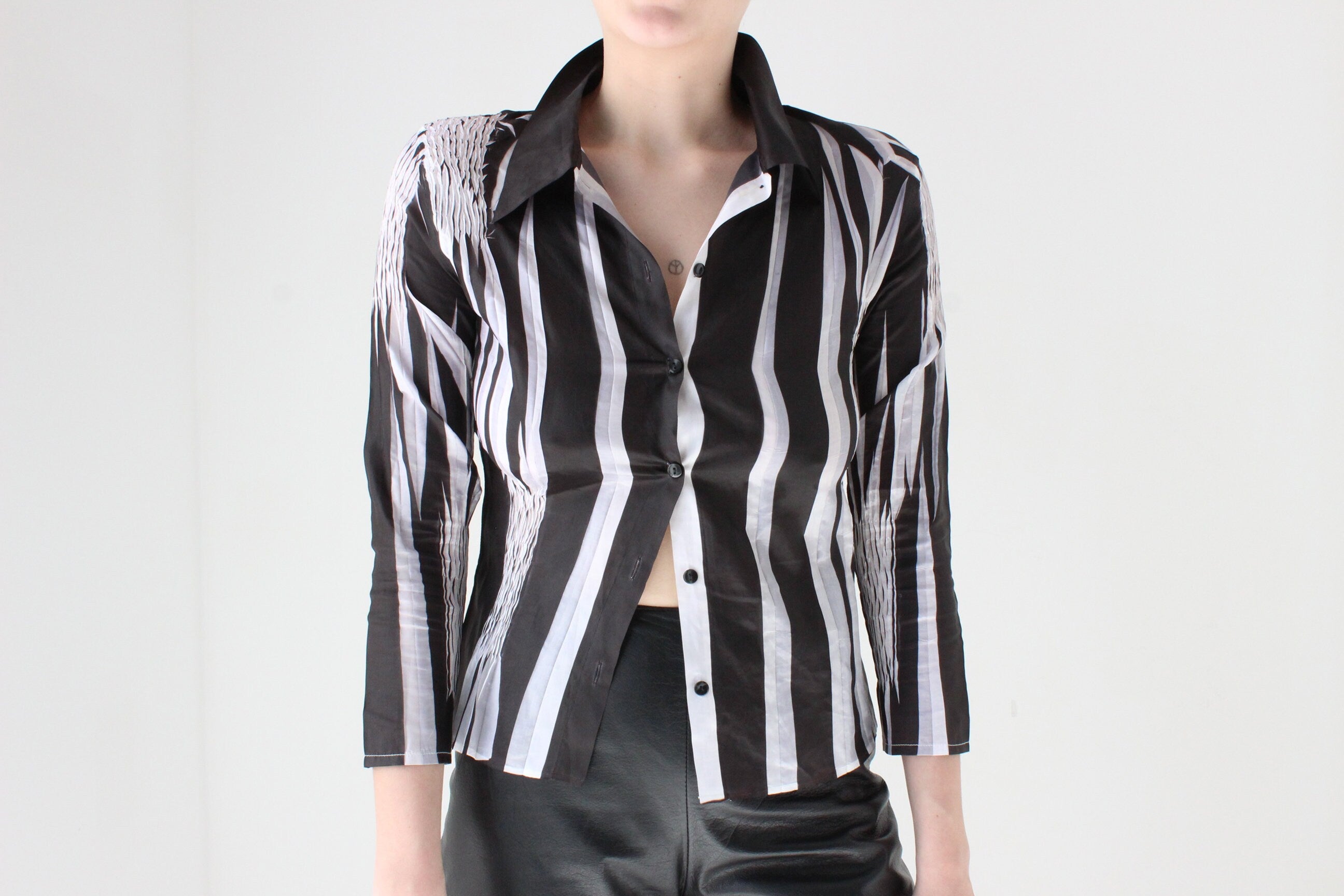 Y2K Origami Crinkle Textured Monochrome Stretch Shirt